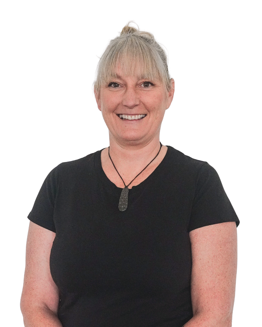 Woman smiling with black t-shirt and blonde hair.