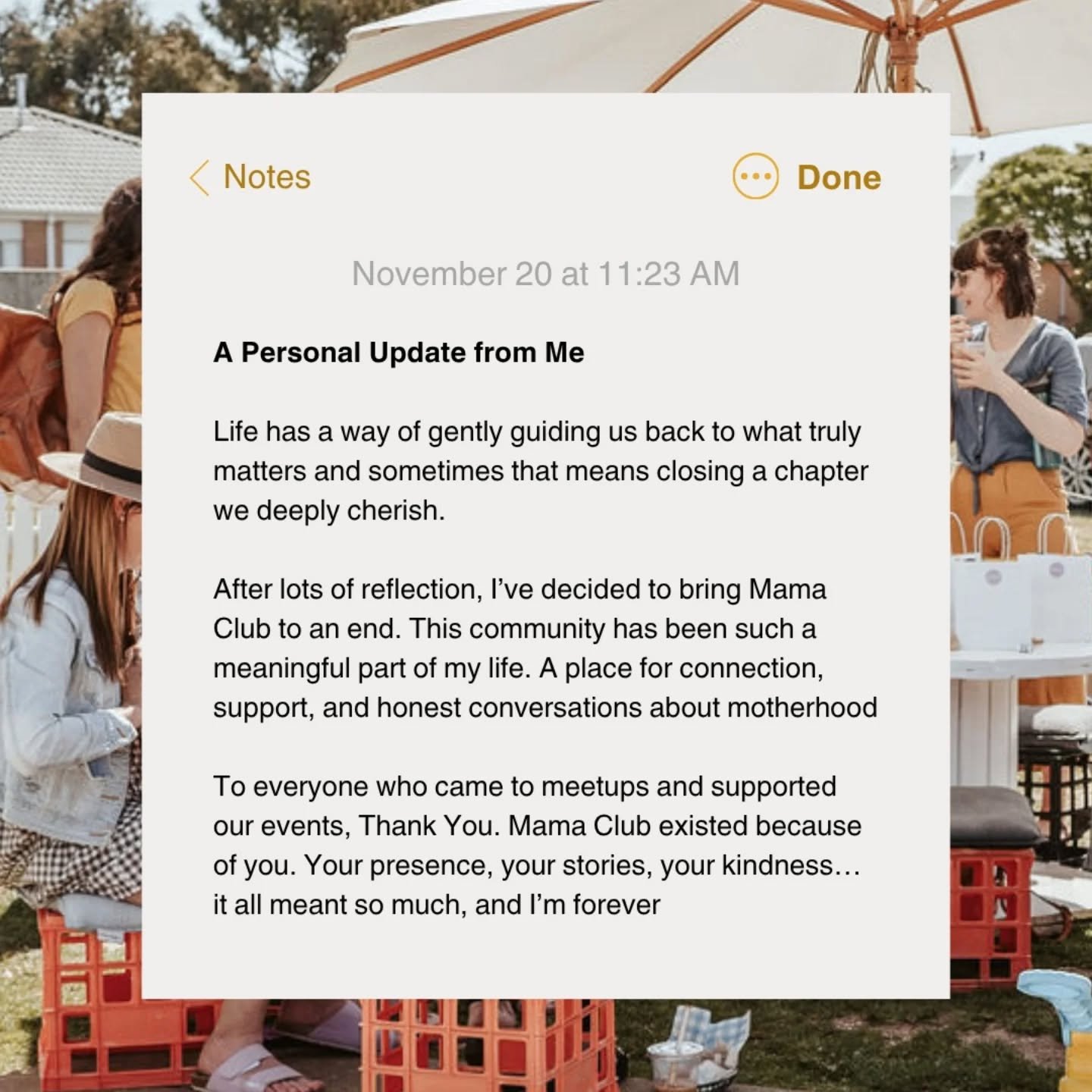 💜 An update 💜

It&rsquo;s with a full heart that I share Mama Club will be coming to an end. This community - full of connection, support, and honest conversations about motherhood - has meant so much to me. Thank you to every mum who came along, s