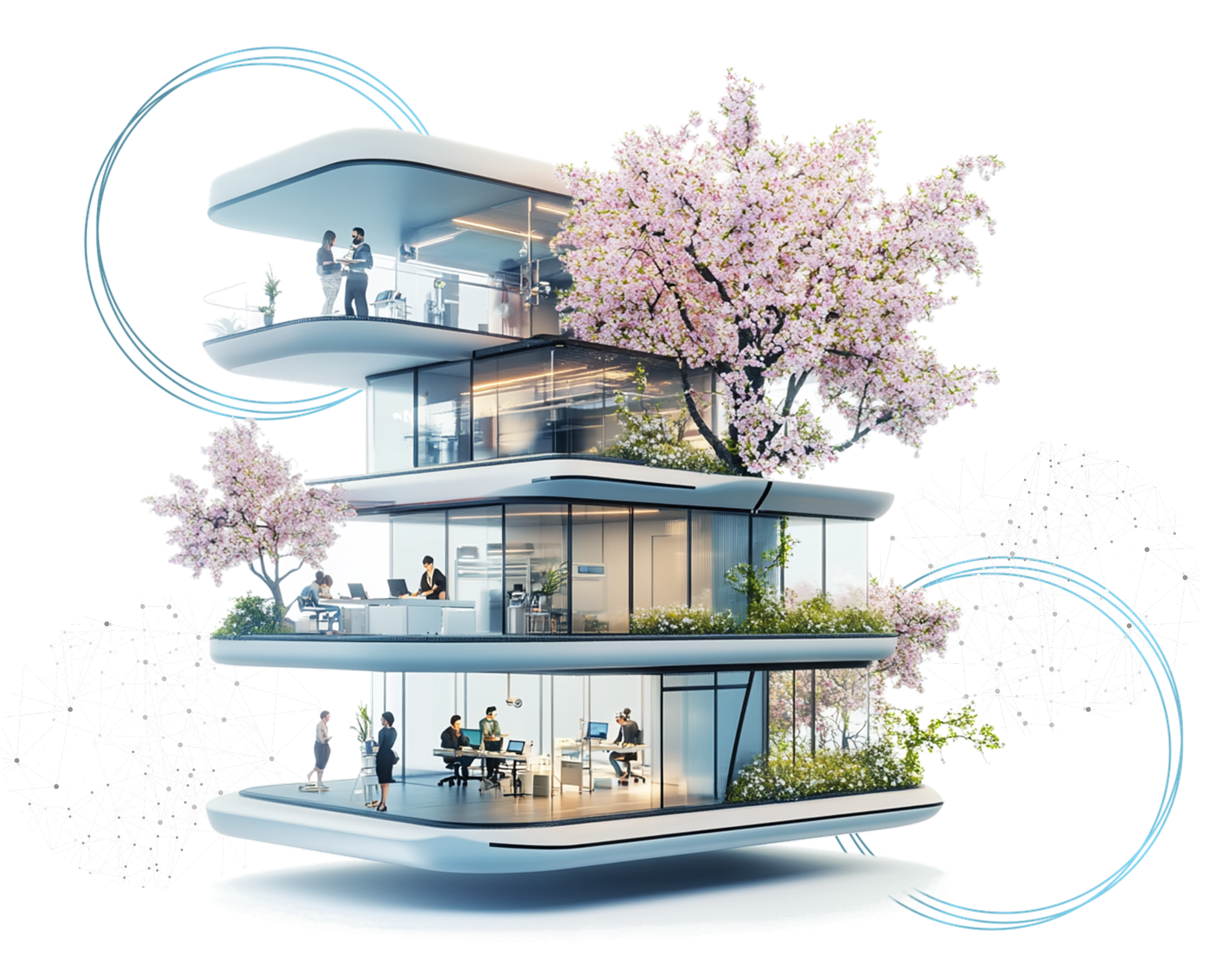 Edificio futuristico a più piani con design moderno e alberi in fiore sui balconi. Persone visibili all'interno e sui balconi, con elementi grafici astratti blu attorno all'edificio.