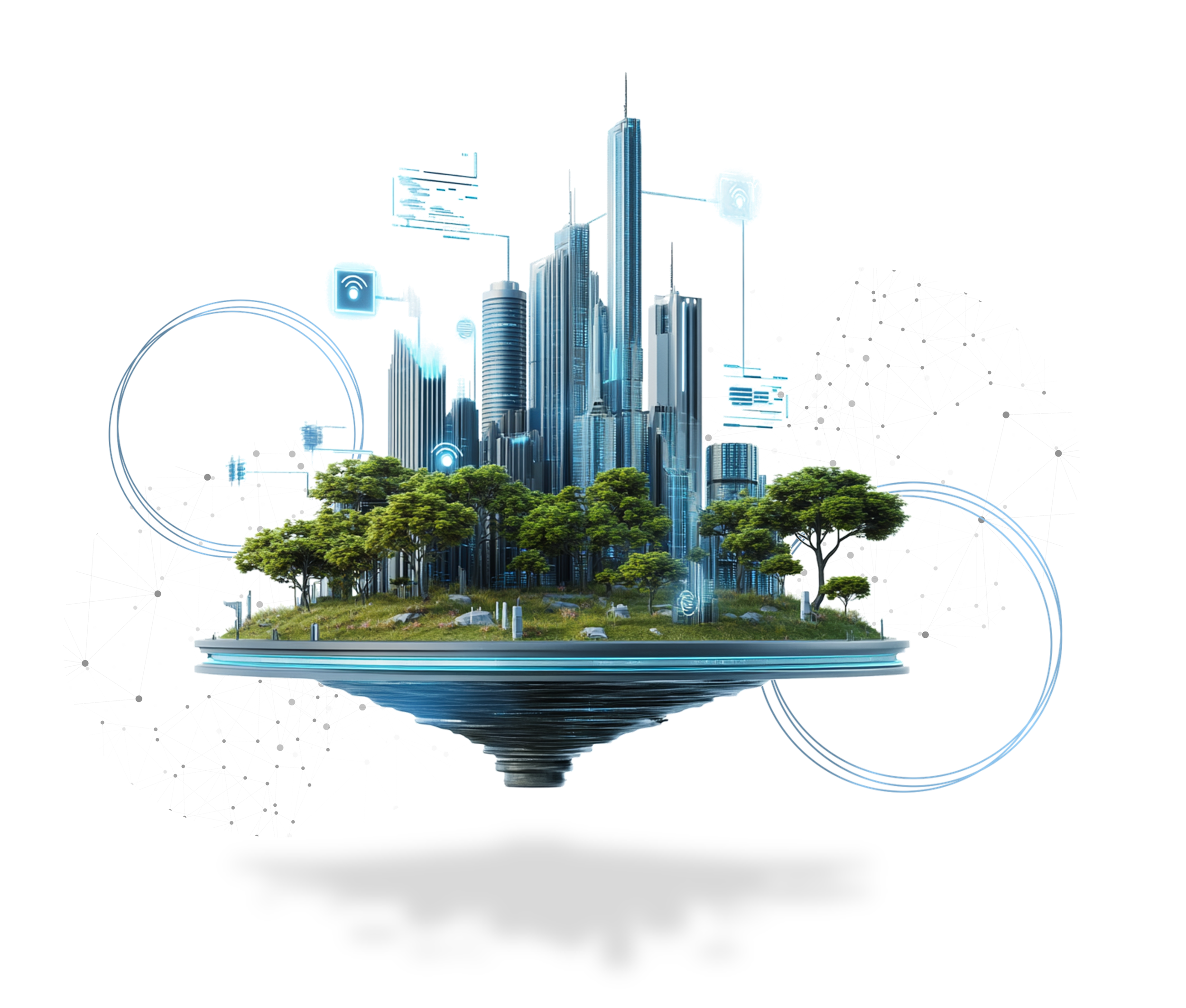 Isola fluttuante con grattacieli e alberi, simboli futuristici, concetto di città intelligente.