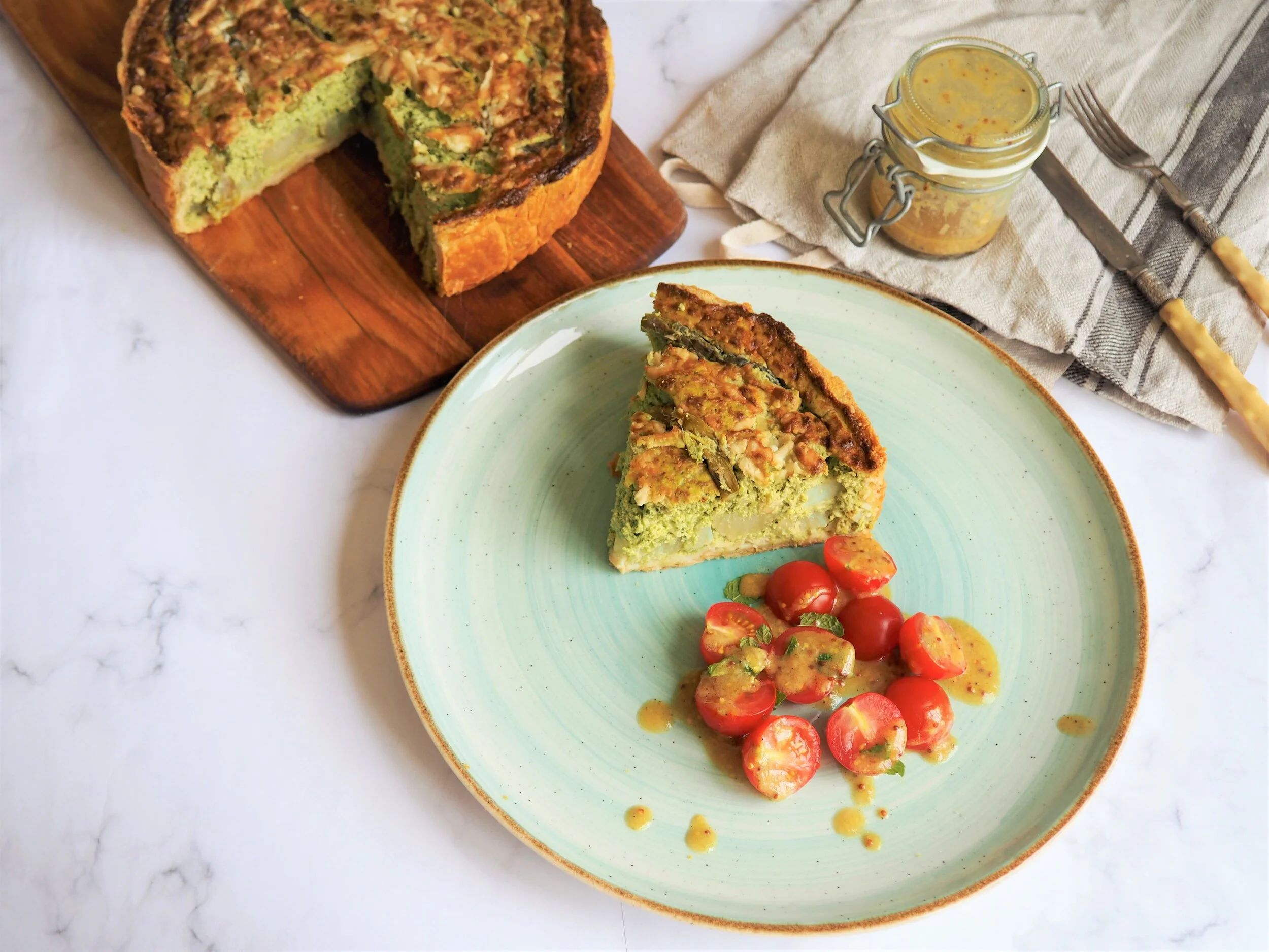 Asparagus, Jersey Royals, Watercress & Ricotta Tart (v) — incabella