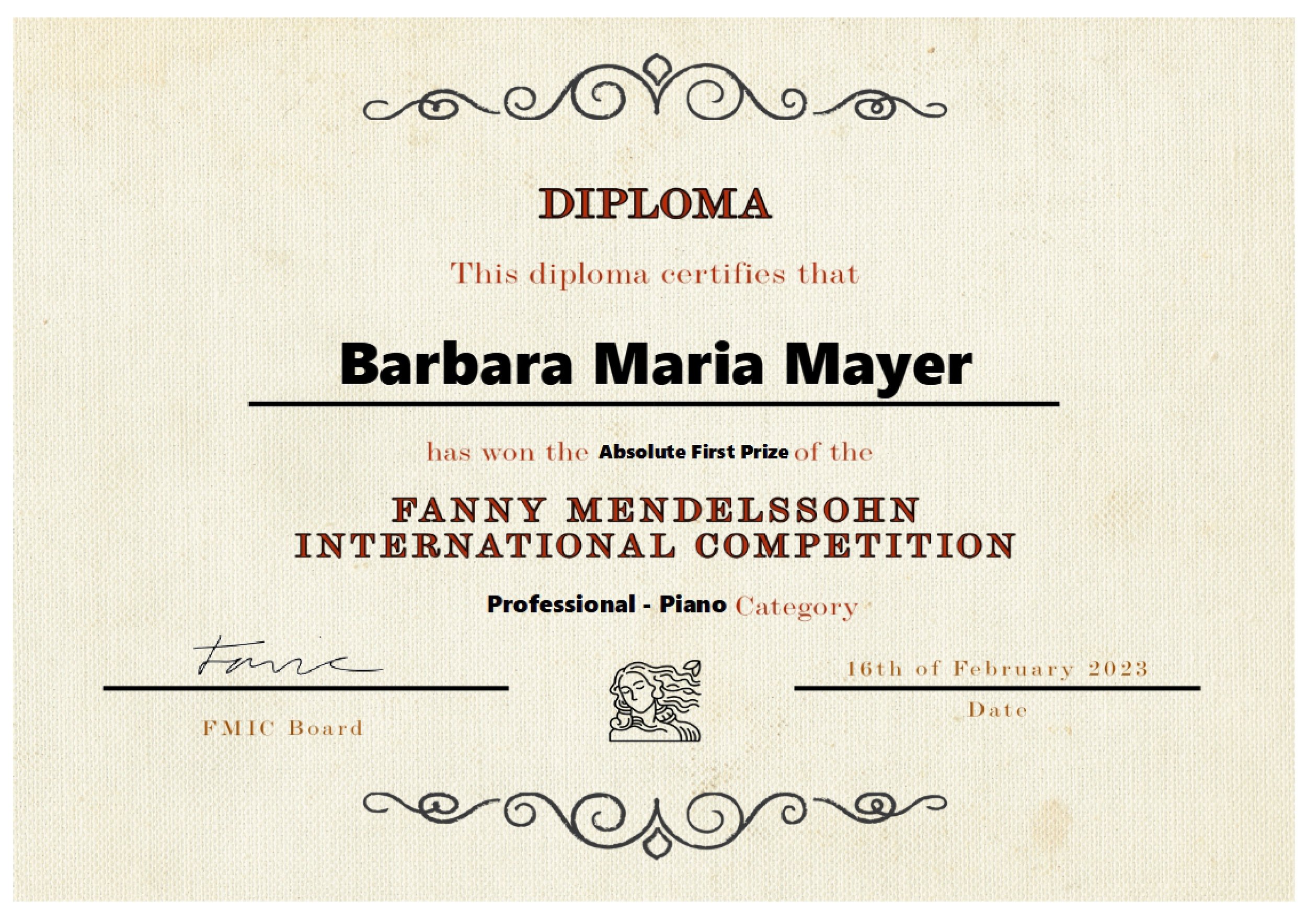 Absolute First Prize (Piano) in the Fanny Mendelssohn International Competition!
