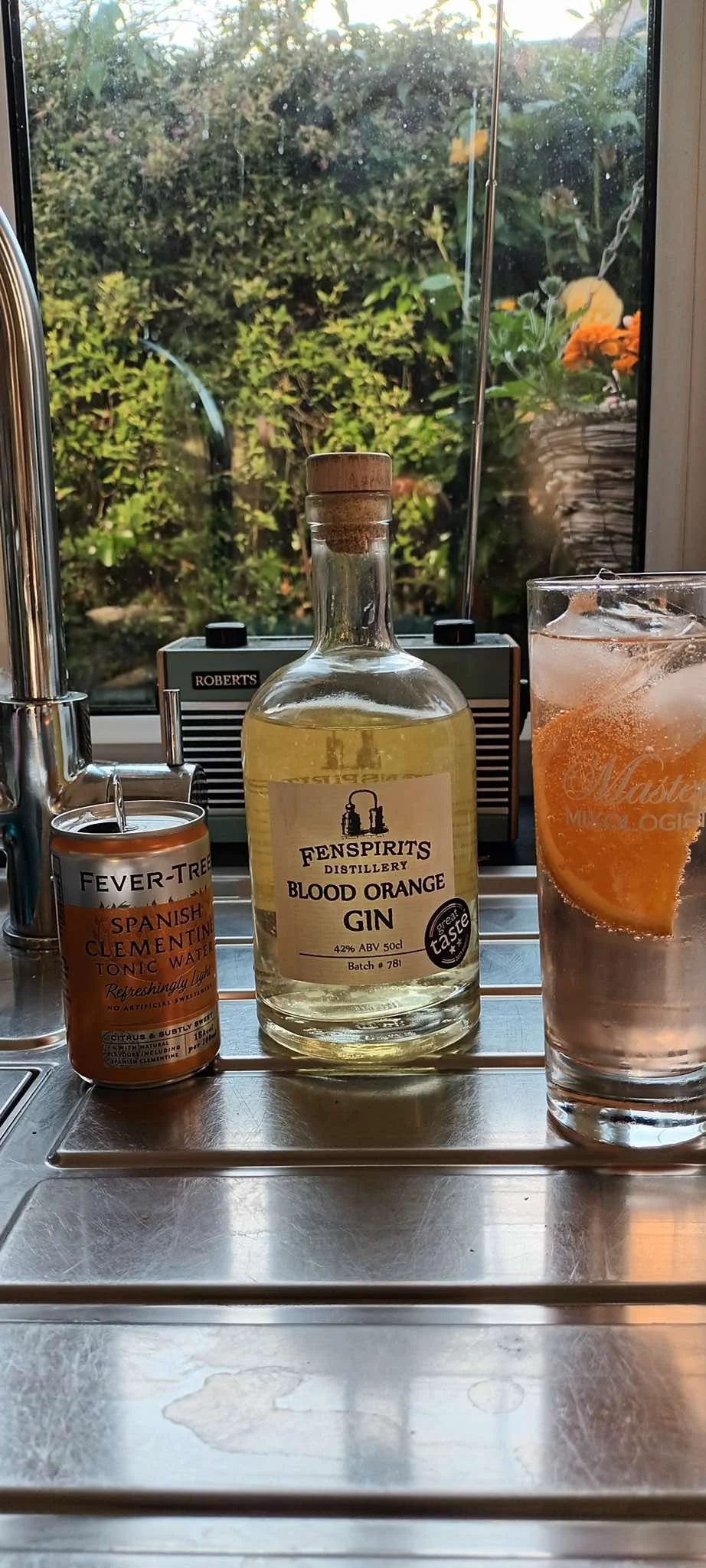 A kitchen sink with a bottle of Blood Orange Gin, a can of Spanish Clementine Tonic Water, and a glass of ice with an orange slice, set on a metal counter with a window showing outside greenery.
