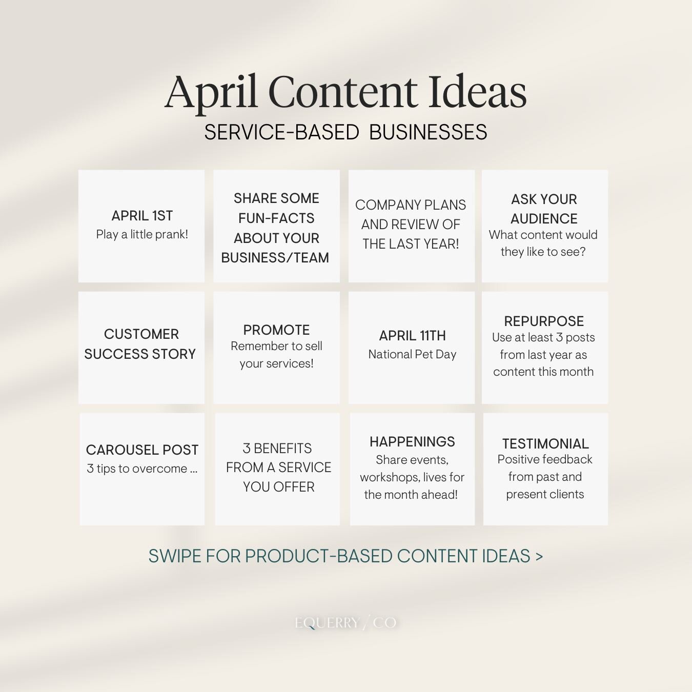 April is right around the corner! Swipe for some versatile content ideas for the month ahead.

Most of these can be created as still, carousel or reels to suit your needs! 

If you have any questions about how to implement these prompts uniquely for 