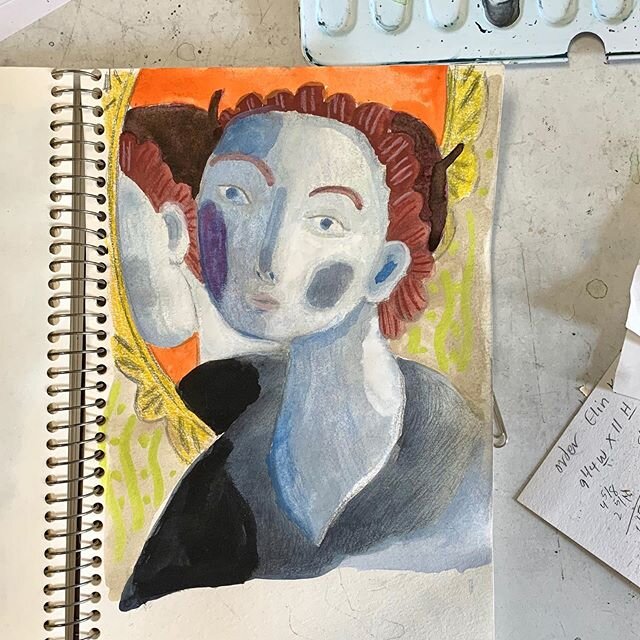 While on a phone call I sketched a portrait of my mother as a young redhead. While the person on the other end kept telling me stories, I began to add color. And by the end of the call, a portrait appeared. Phone calls in my studio always produce int