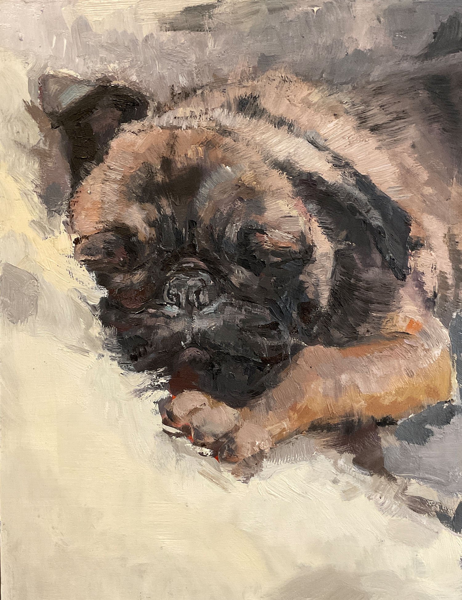 Portrait, junger Mops auf weißem Fell schlafend, Öl auf Holz , 30 x 40 cm, 2025 