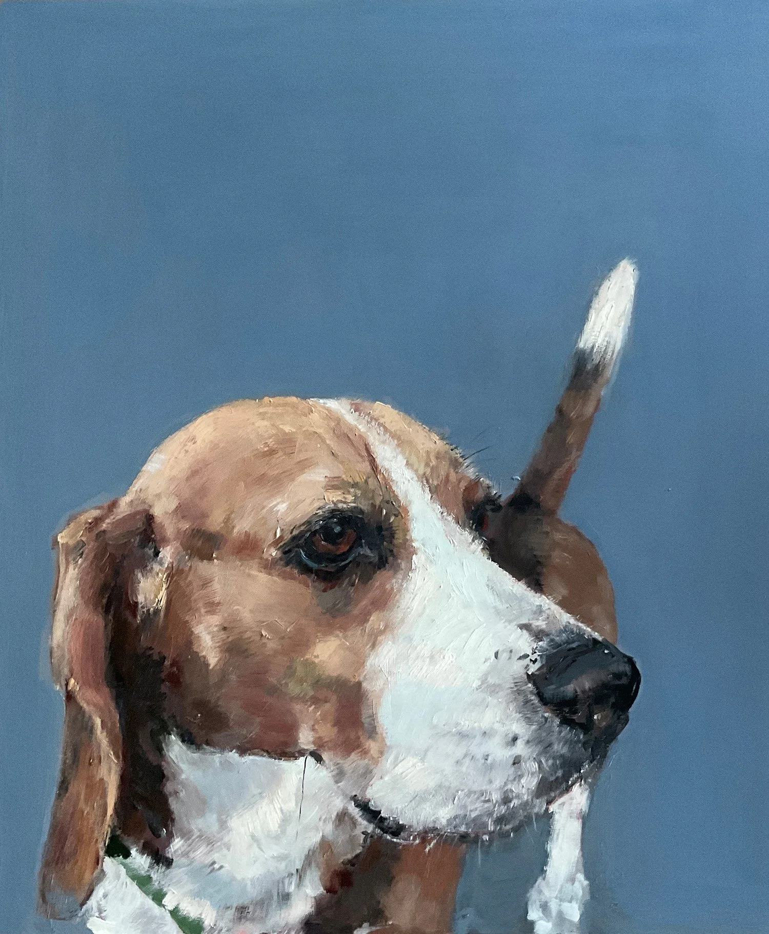 Hundeportrait in Öl auf Holzpaneel, Beagle vor blauem Hintergrund, Nina Lang, Auftragsarbeit, 2025