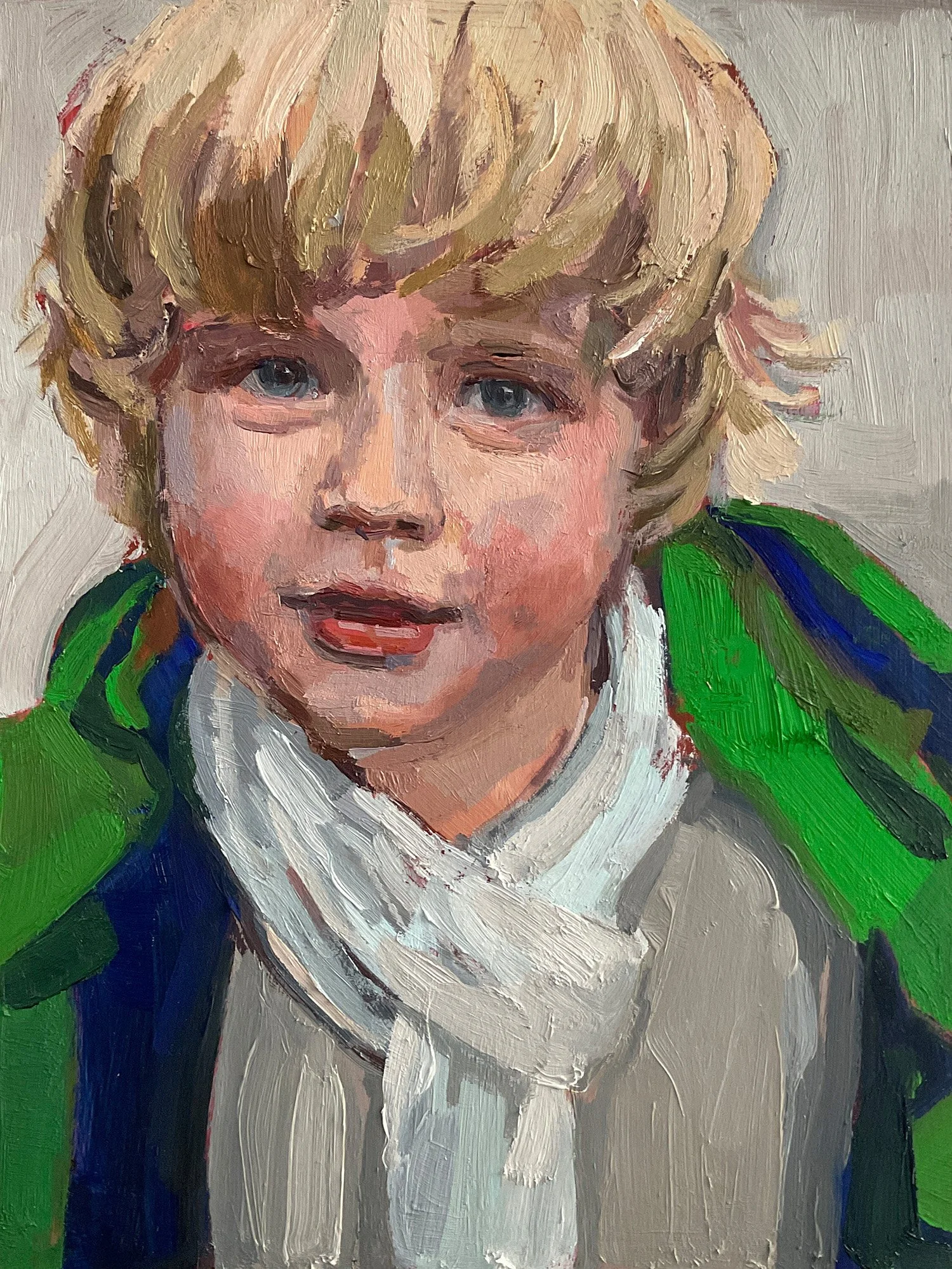 Kinderportrait, Junge mit grüner Jacke,  gemalt von Nina Lang in Öl auf Holz, 9 x 12 inches , 2025