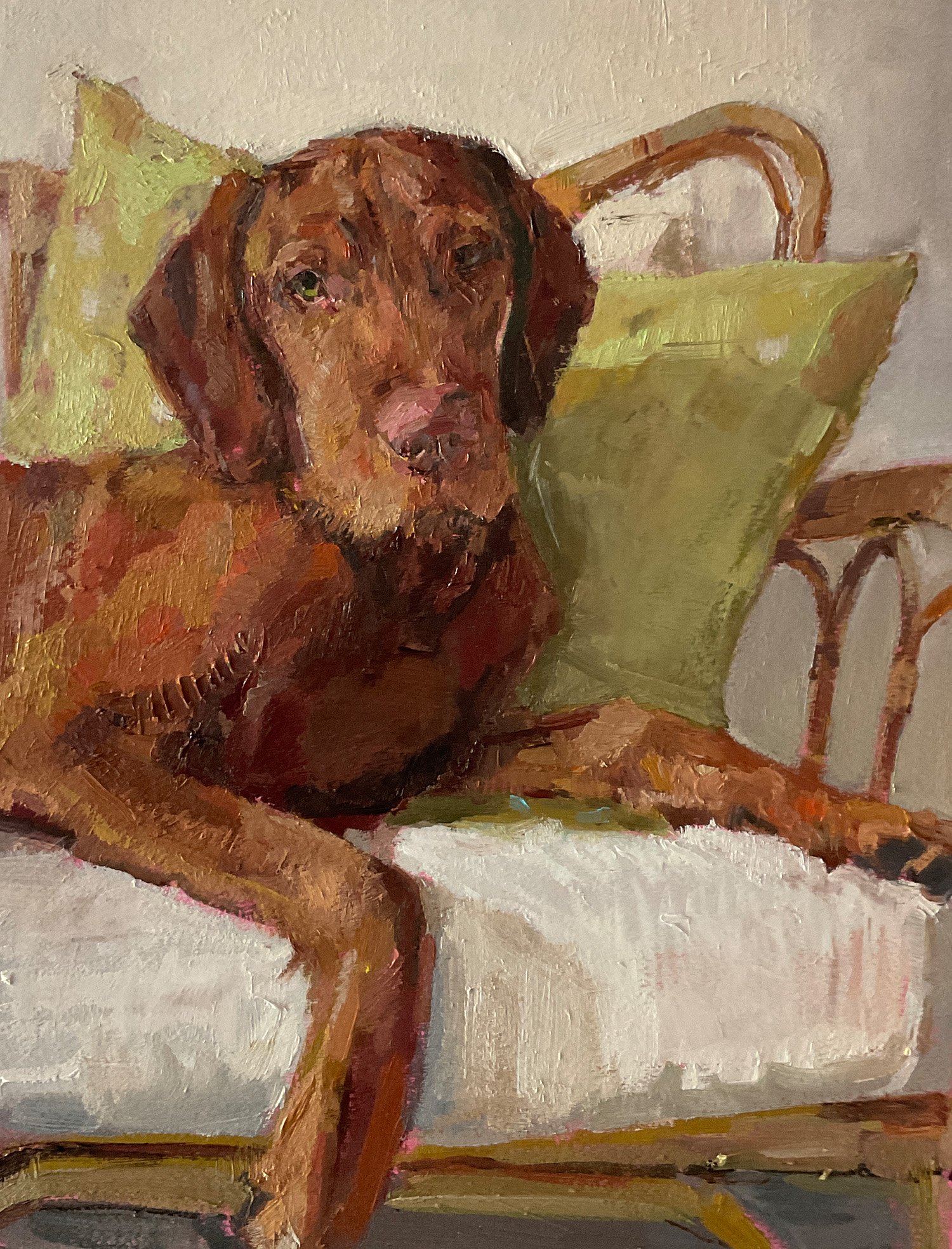 Hundeportrait, Earl auf Sofa, Nina Lang, 30 x 40 cm, Öl auf Papier, 2025, Auftragsmalerei