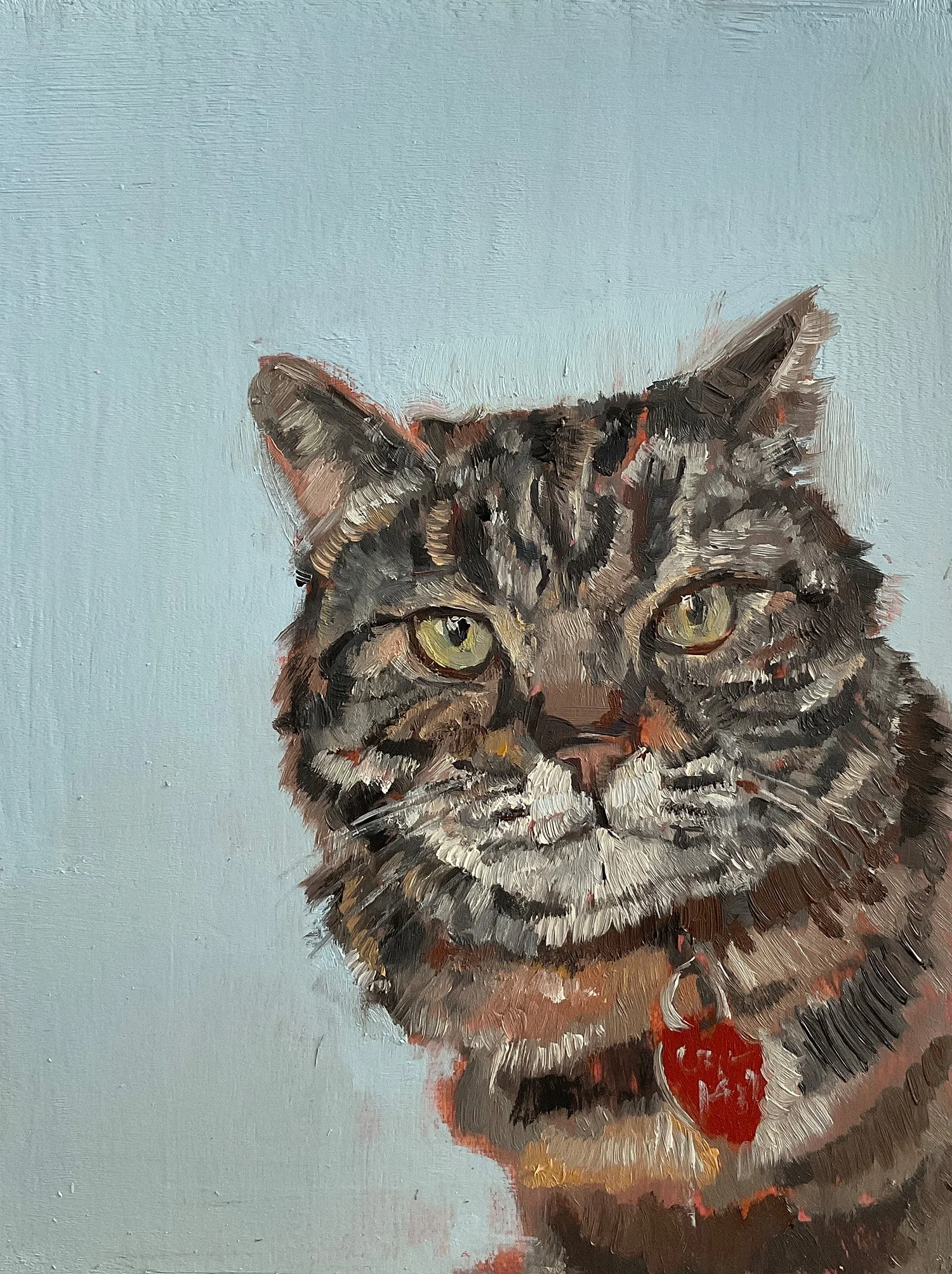 Gestreifte Tiegerkatze vor hellblauem Hintergrund gemalt von Nina Lang in Öl auf Holz, 2025