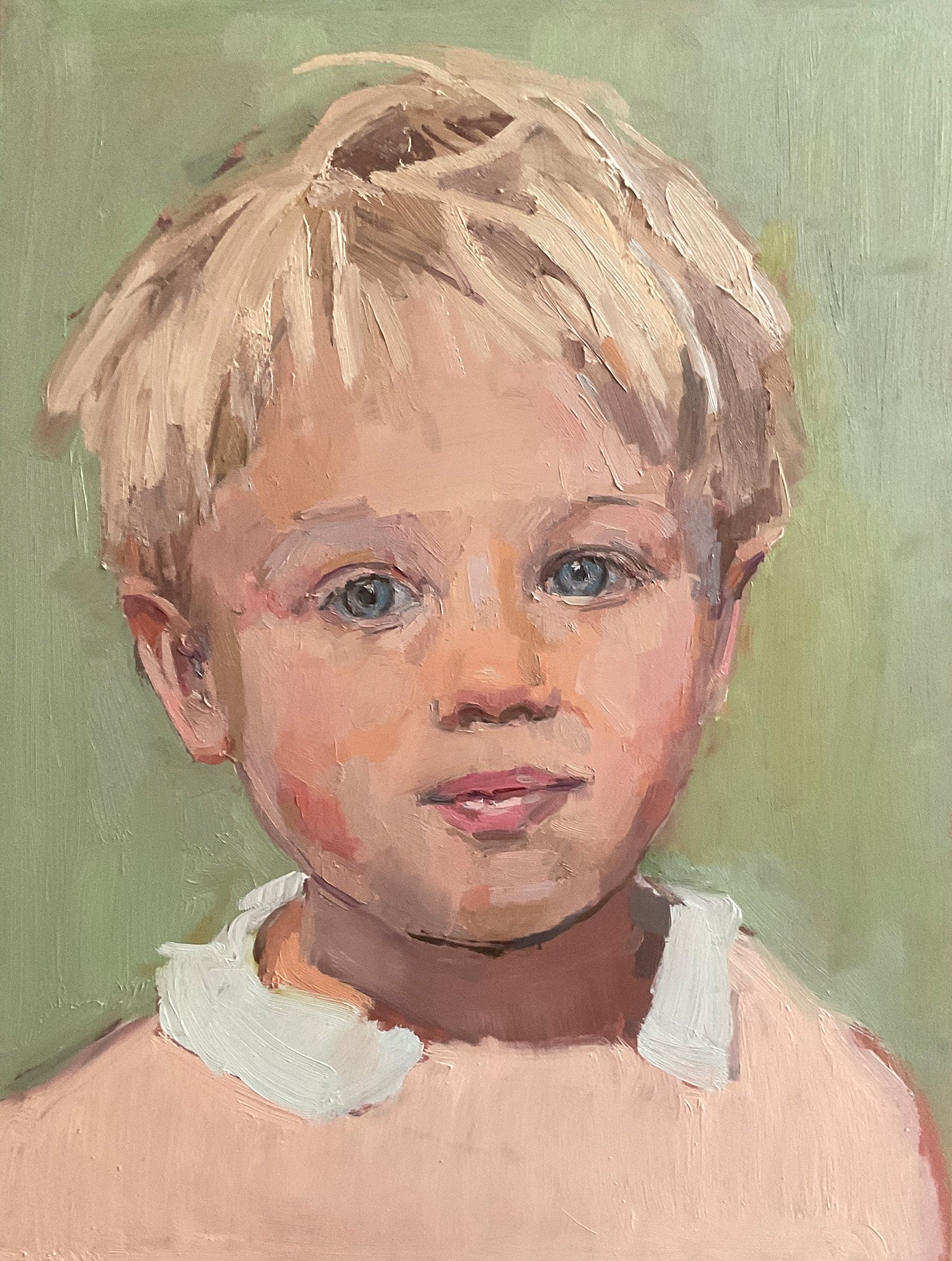 Kinderportrait, Junge mit aprikotfarbenem Pulli vor Grün,  gemalt von Nina Lang in Öl auf Holz, 11 x 14 inches , 2025