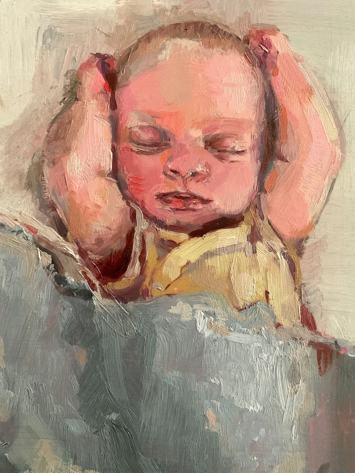 Baby unter grauer Decke, Öl auf Holz, Nina Lang Portraits