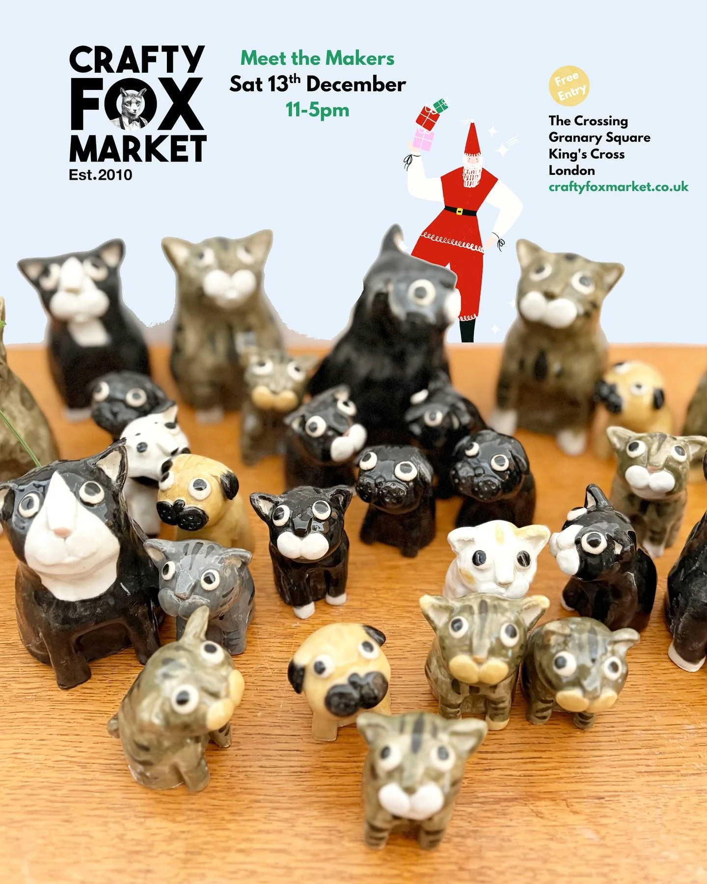 Crafty Fox Christmas Market is tomorrow!
I&rsquo;m bringing a whole bunch of Mini Friends &mdash; each one-of-a-kind and ready for their new home.
See you there! ✨🐱

#ceramiccat #claycat #craftyfoxmarket #miniatureart #miniaturecat #pug #claypug #ce