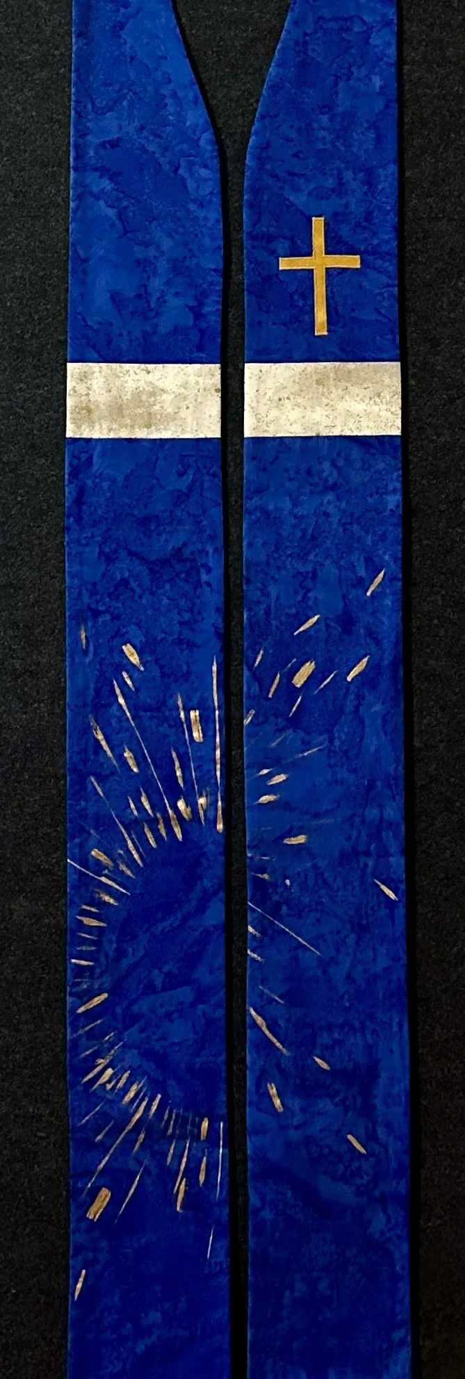 Detail of an Advent stole for clergy, pastors and chaplains sold in the Carrot Top Studio stole shop.