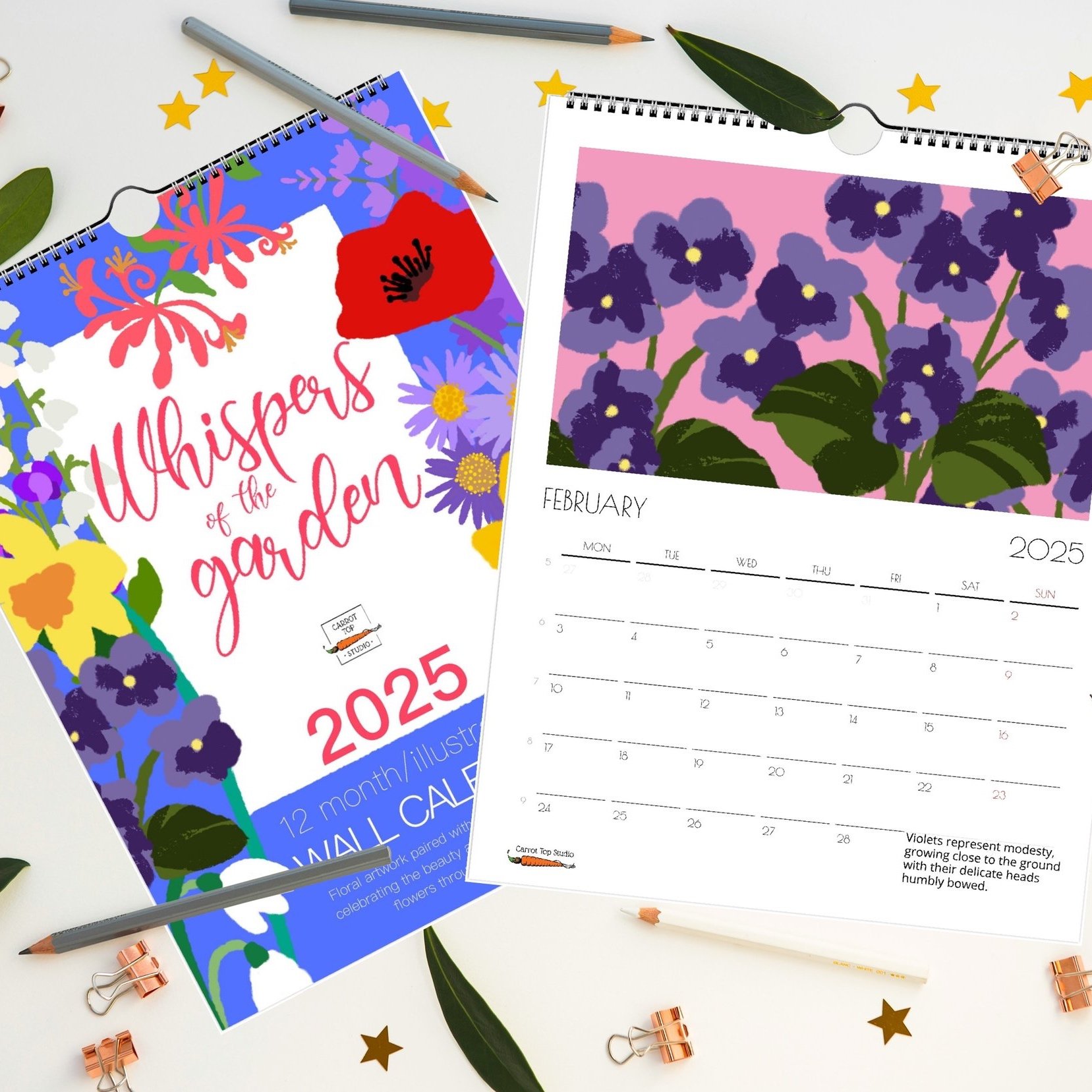 2025 floral wall calendar with floriography notes by Carrot Top Studio
