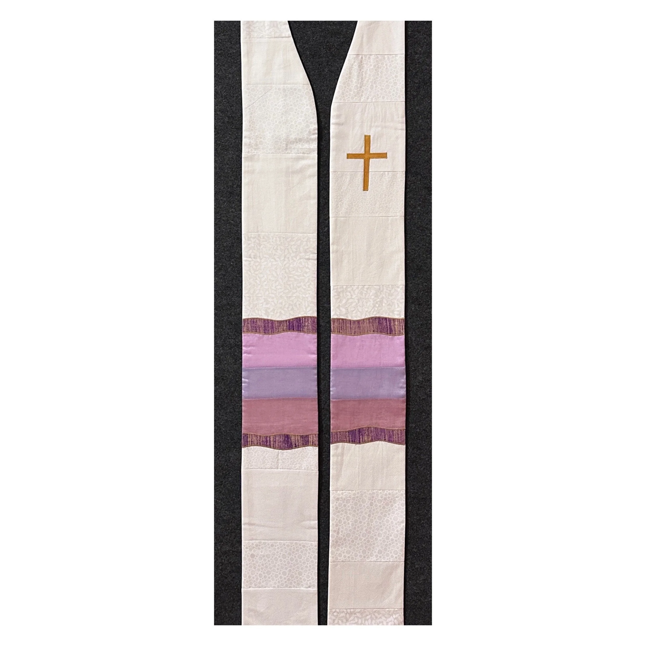 white Easter clergy stole  with pink and lavender border by Carrot Top Studio