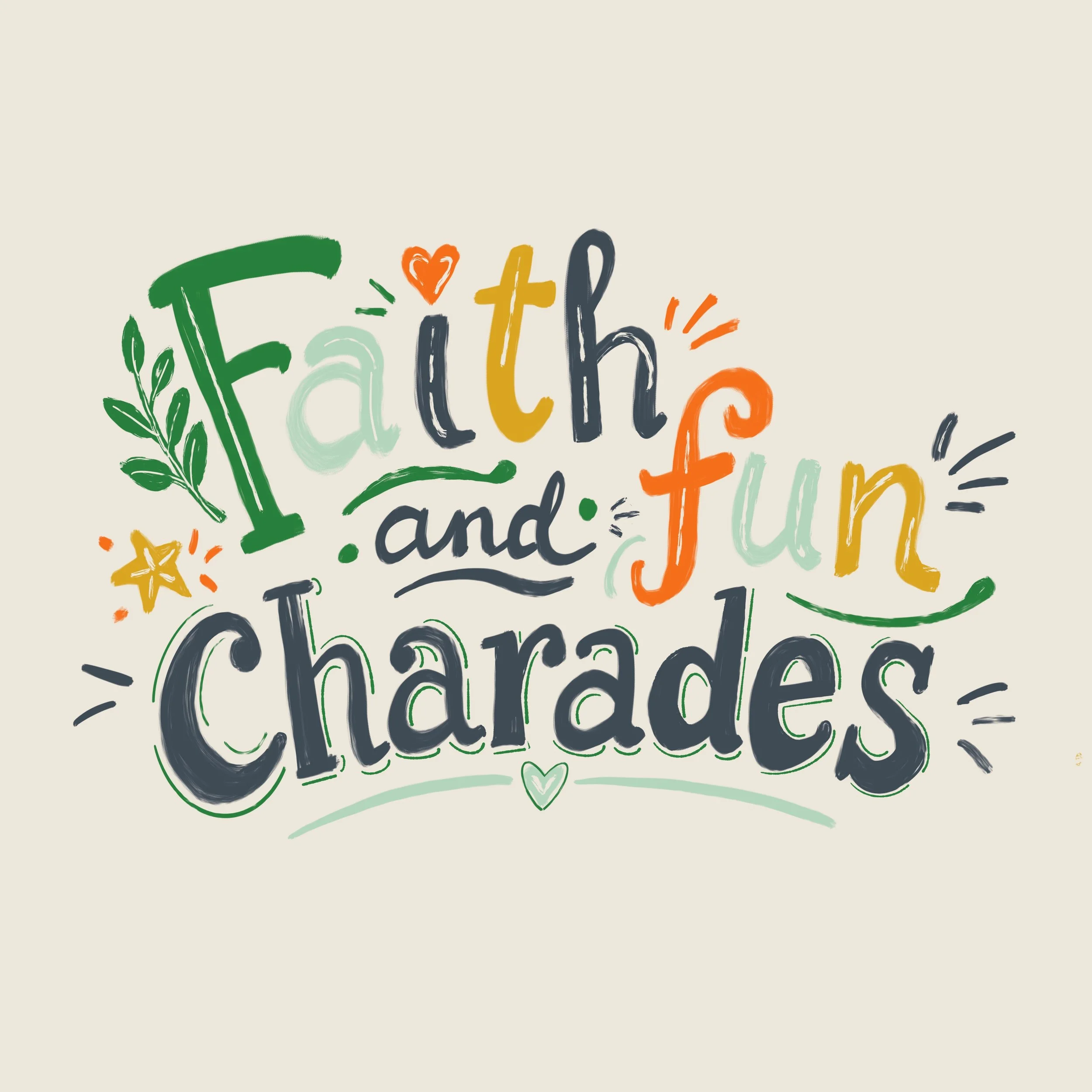 The printable Christian charades game logo "Faith and Fun Charades" by Carrot Top Studio.