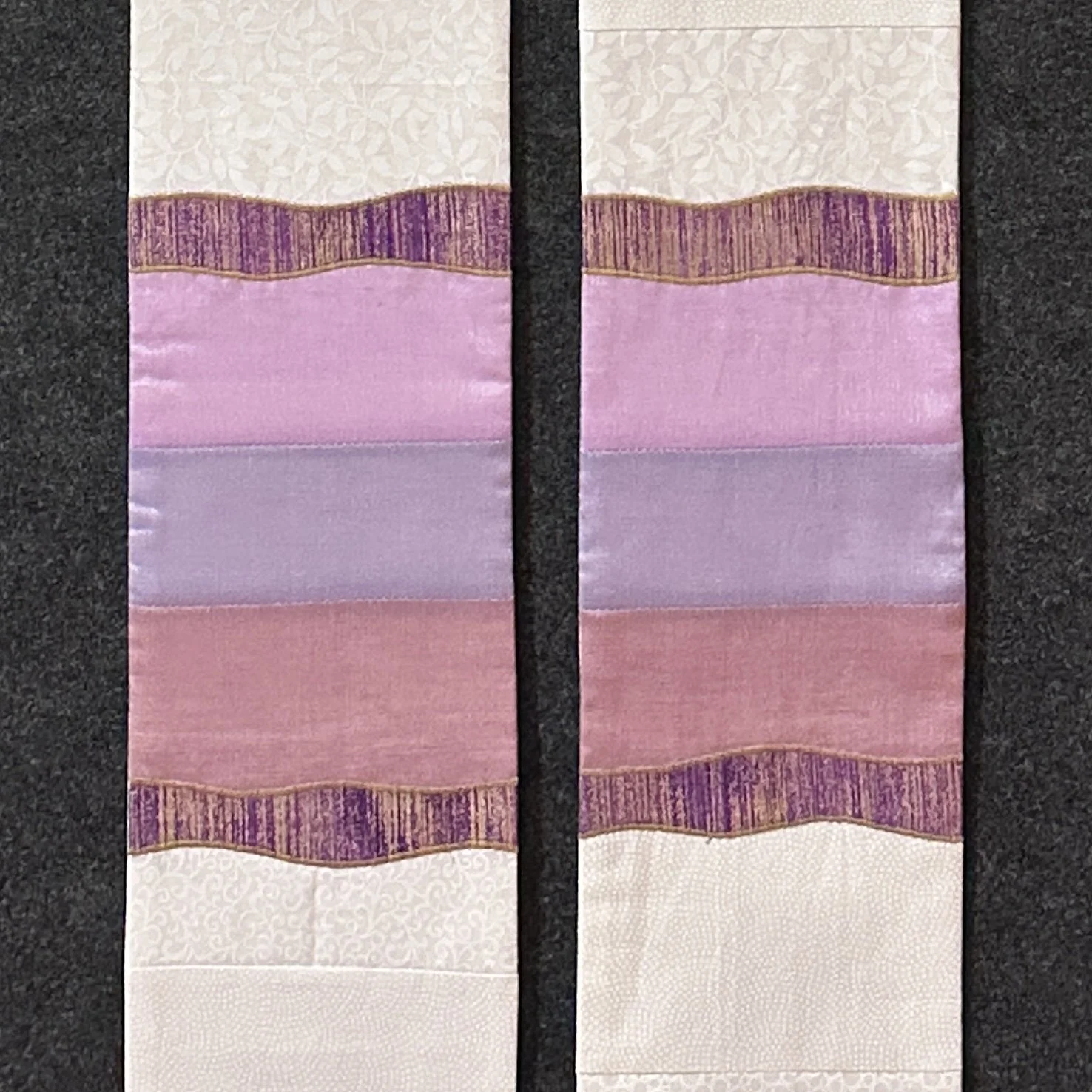 white Easter clergy stole (detail) with pink and lavender border - Carrot Top Studio stole shop