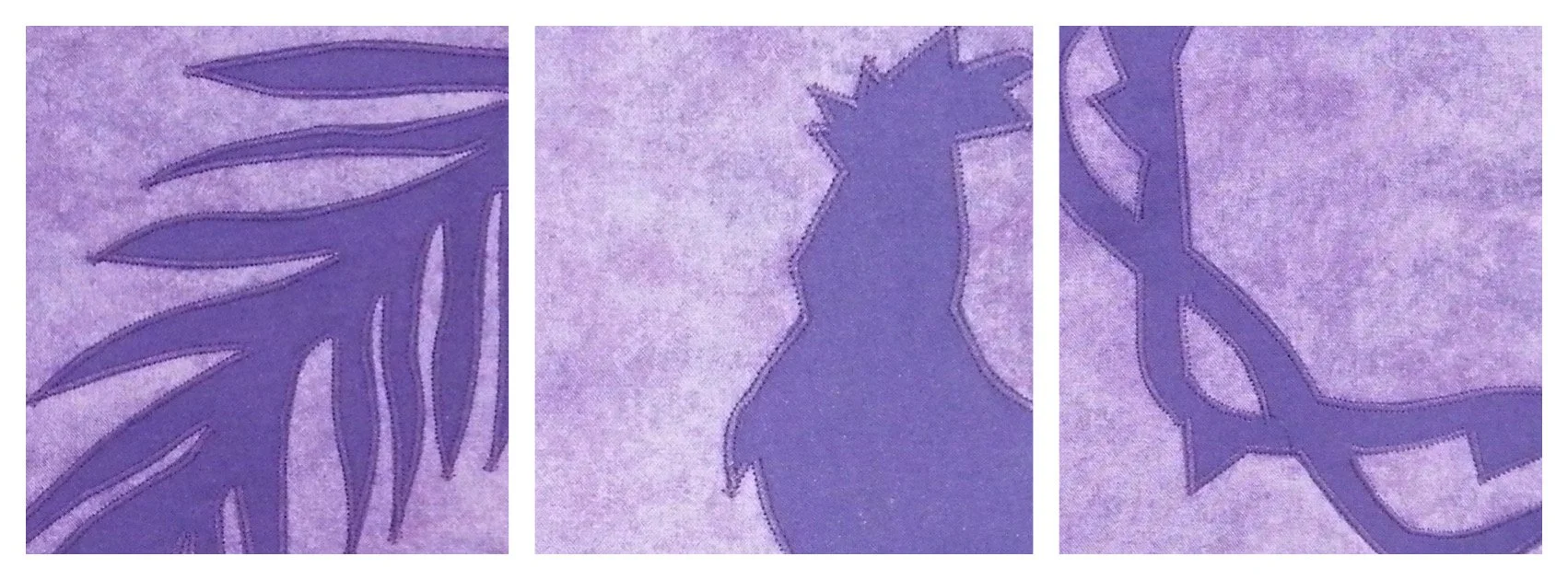 Close ups of gold graphics for Lent include a palm branch, a rooster and a crown of thorns. They are created out of fabric by Jenny Gallo at Carrot Top Studio.