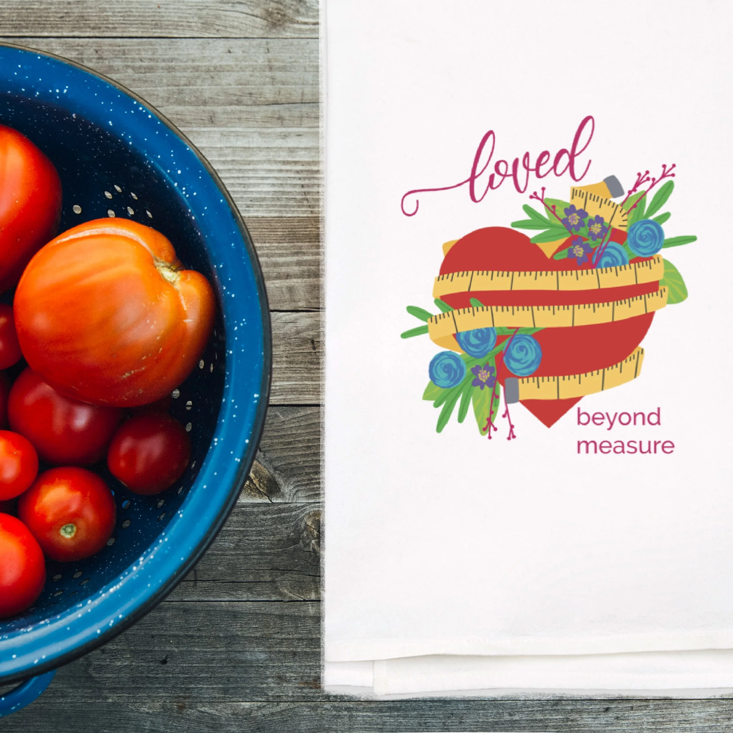 loved beyond measure cute kitchen tea towel by carrot top studio
