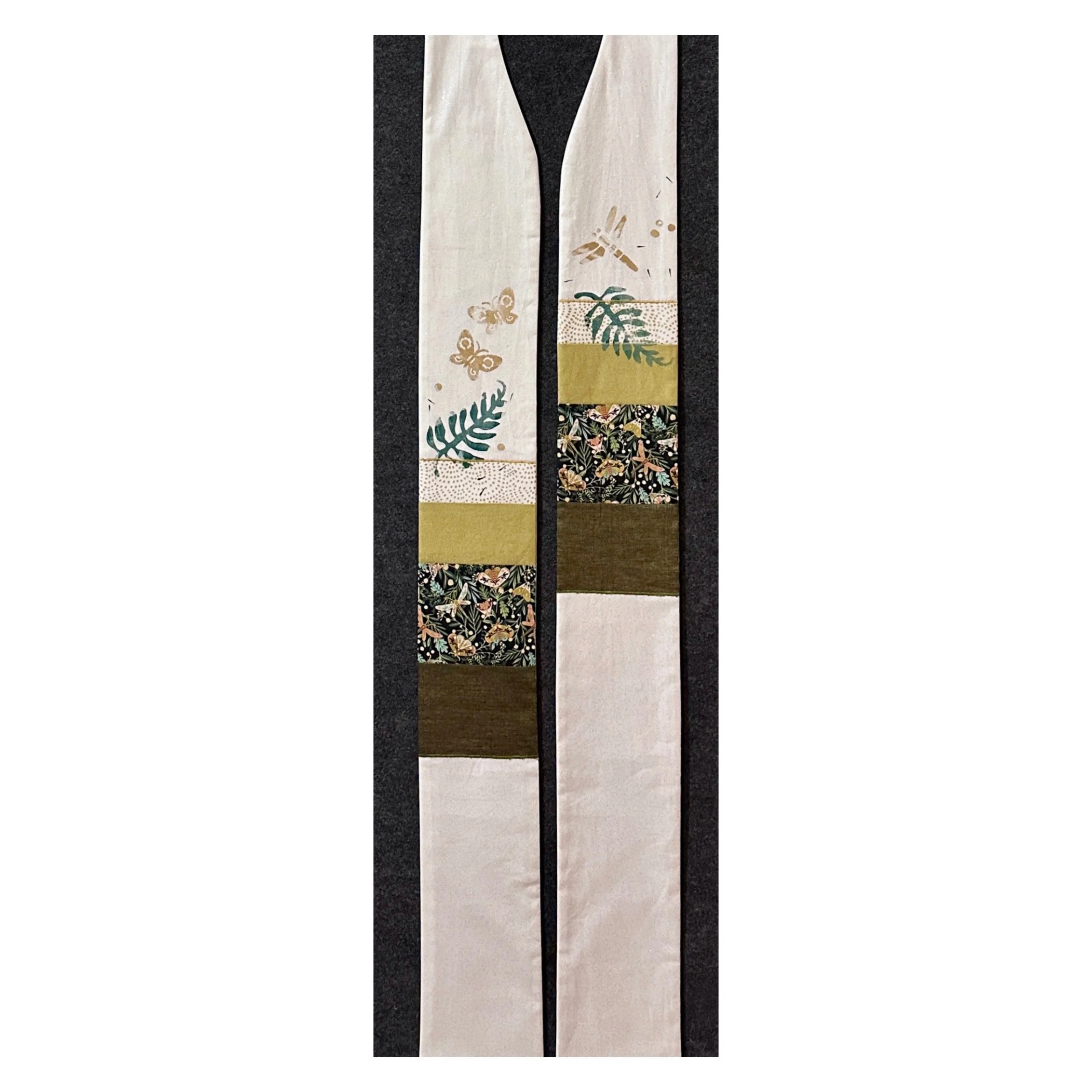 White Christmas stole with gold and forest green border, adorned with butterflies and evergreens—symbolizing renewal, hope, and the promise of Easter.