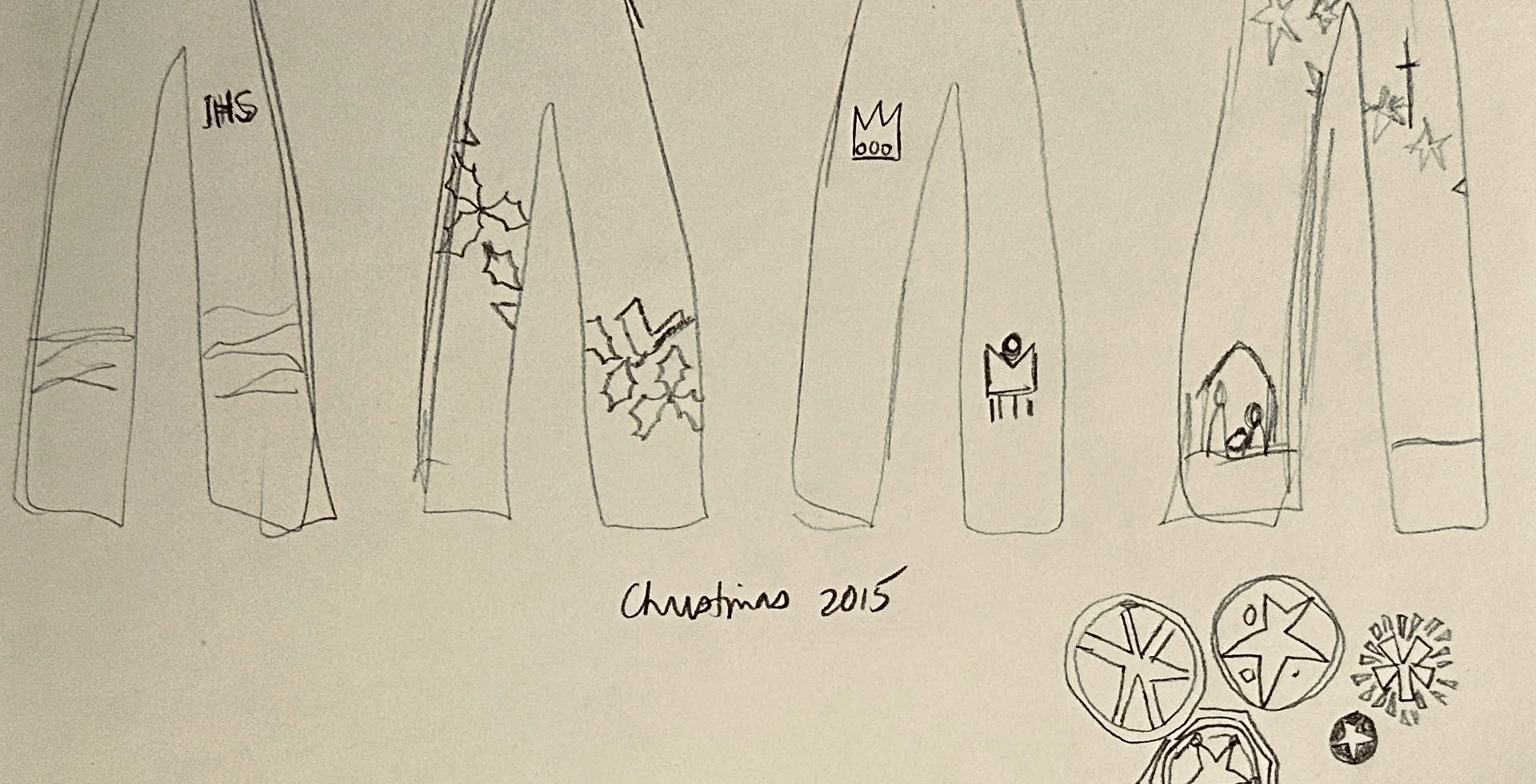 Artist, Jenny Gallo shares a page from a sketch book where ideas for stoles for clergy, pastors and chaplains are dreamed of.