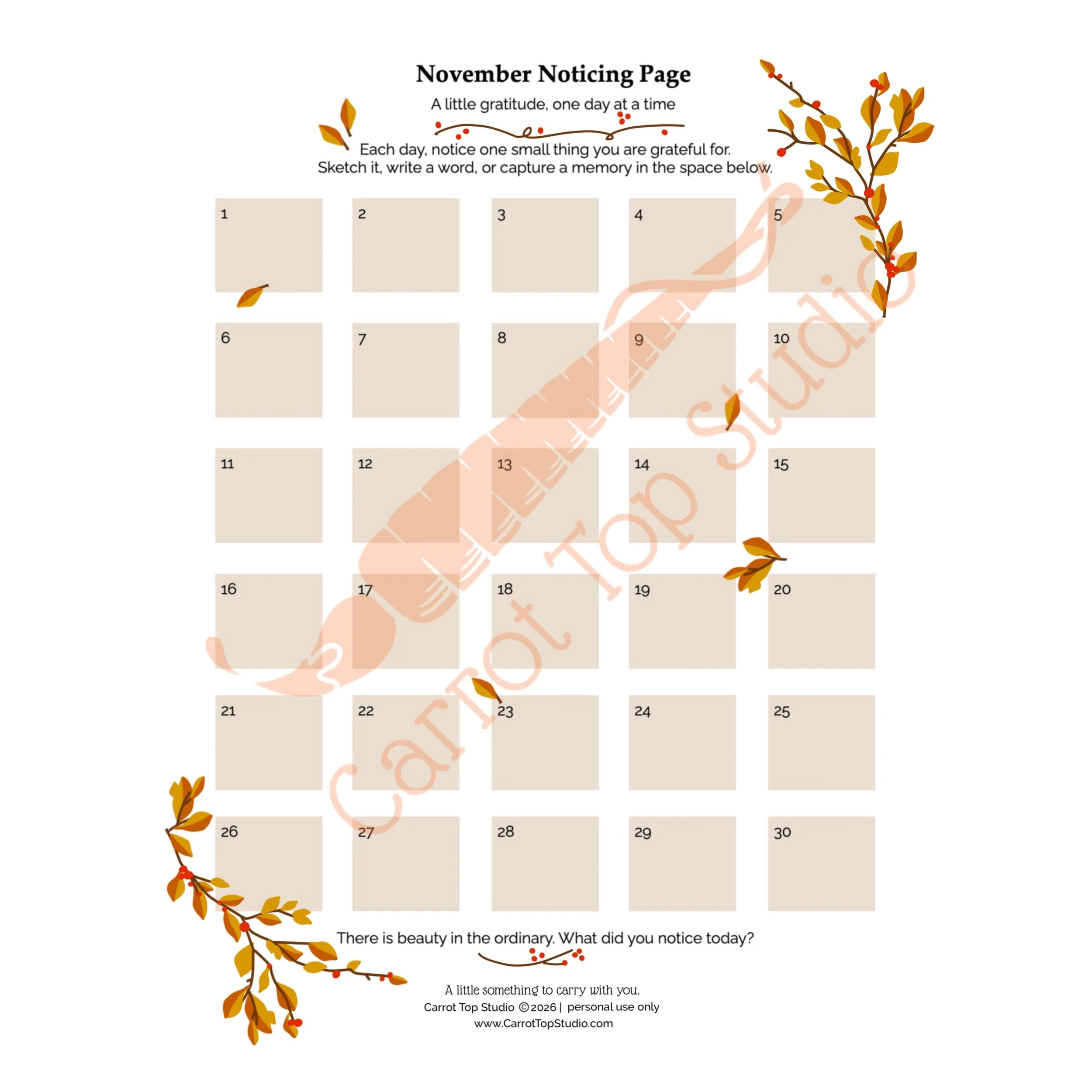 November noticing gratitude journaling download with watermark of the Carrot Top Studio