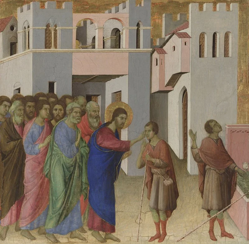 Duccio di Buoninsegna’s The Healing of the Man Born Blind, depicting Jesus reaching toward a blind man surrounded by disciples in a biblical healing scene.