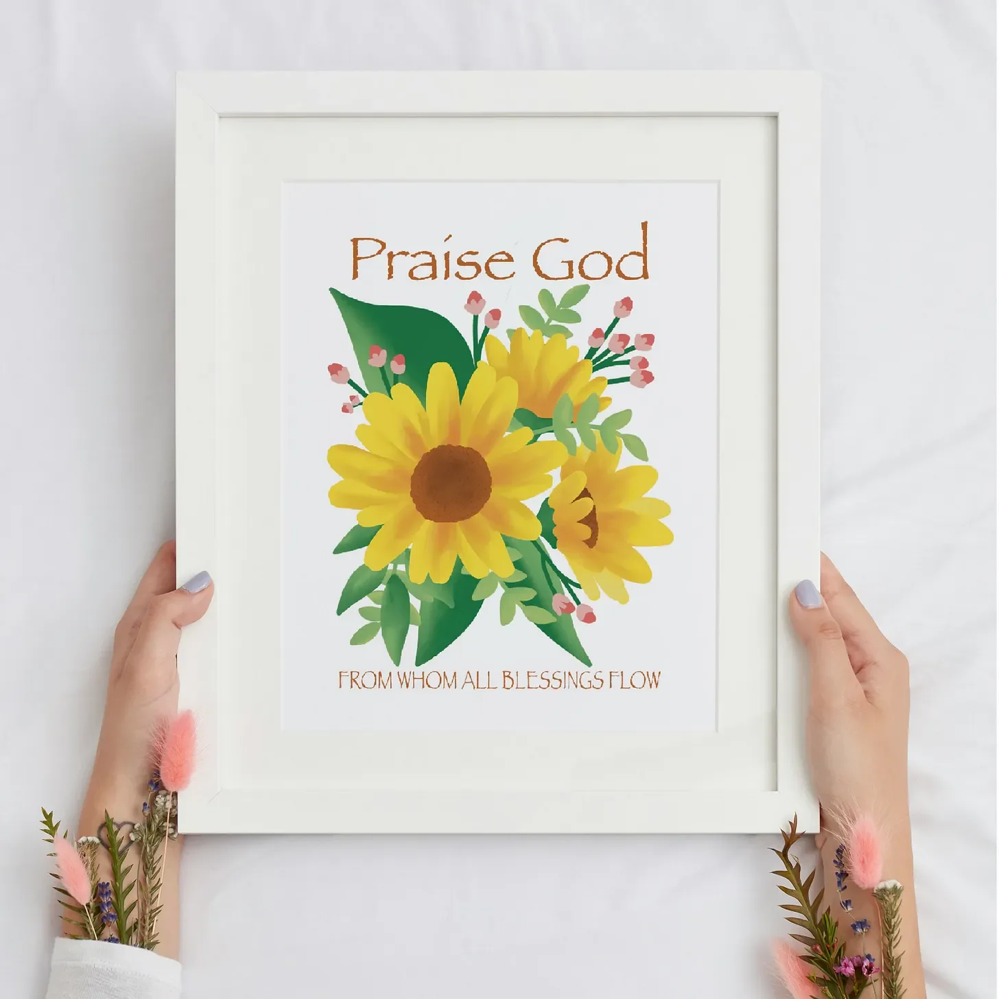 The words 'Praise God from whom all blessings flow' surround whimsical sunflowers and greenery in an art print by Jenny Gallo of Carrot Top Studio.