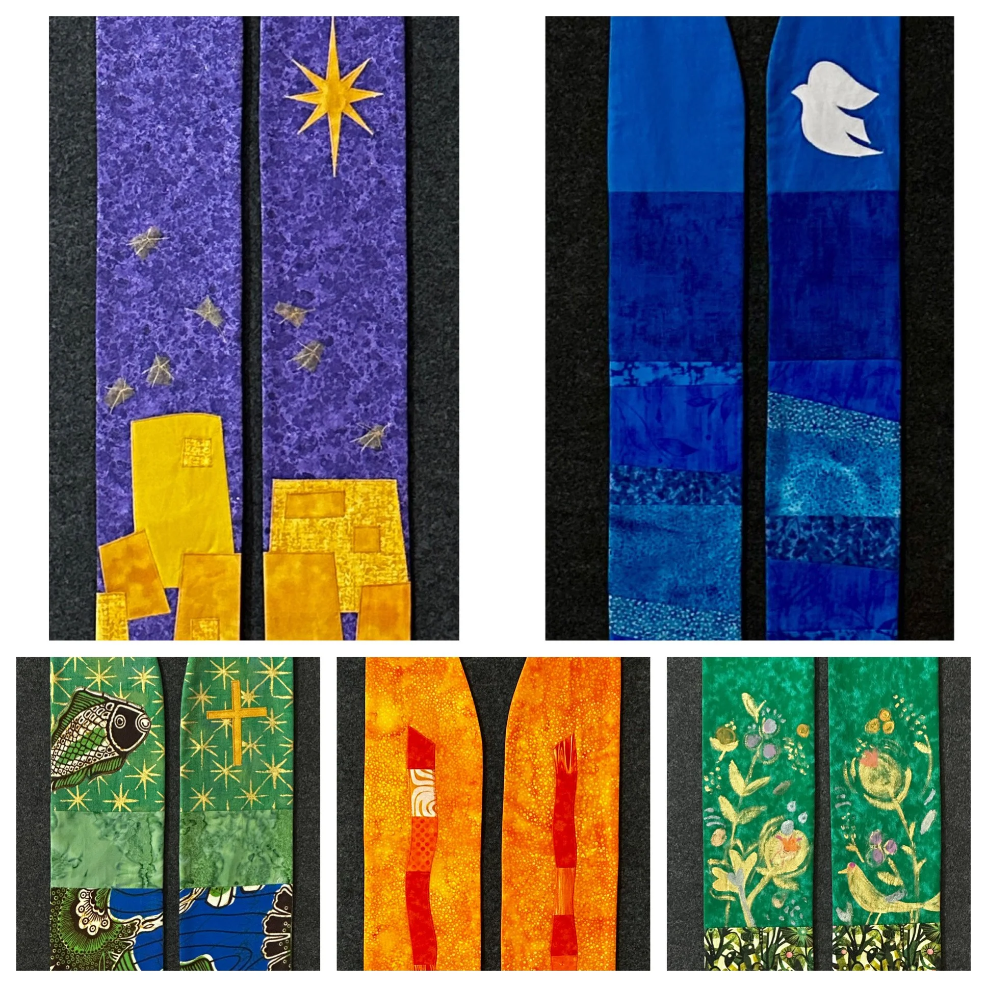 Purple, blue, green and orange stoles for clergy, pastors and chaplains are shown as examples of the artistic, unique, handmade work of Carrot Top Studio.