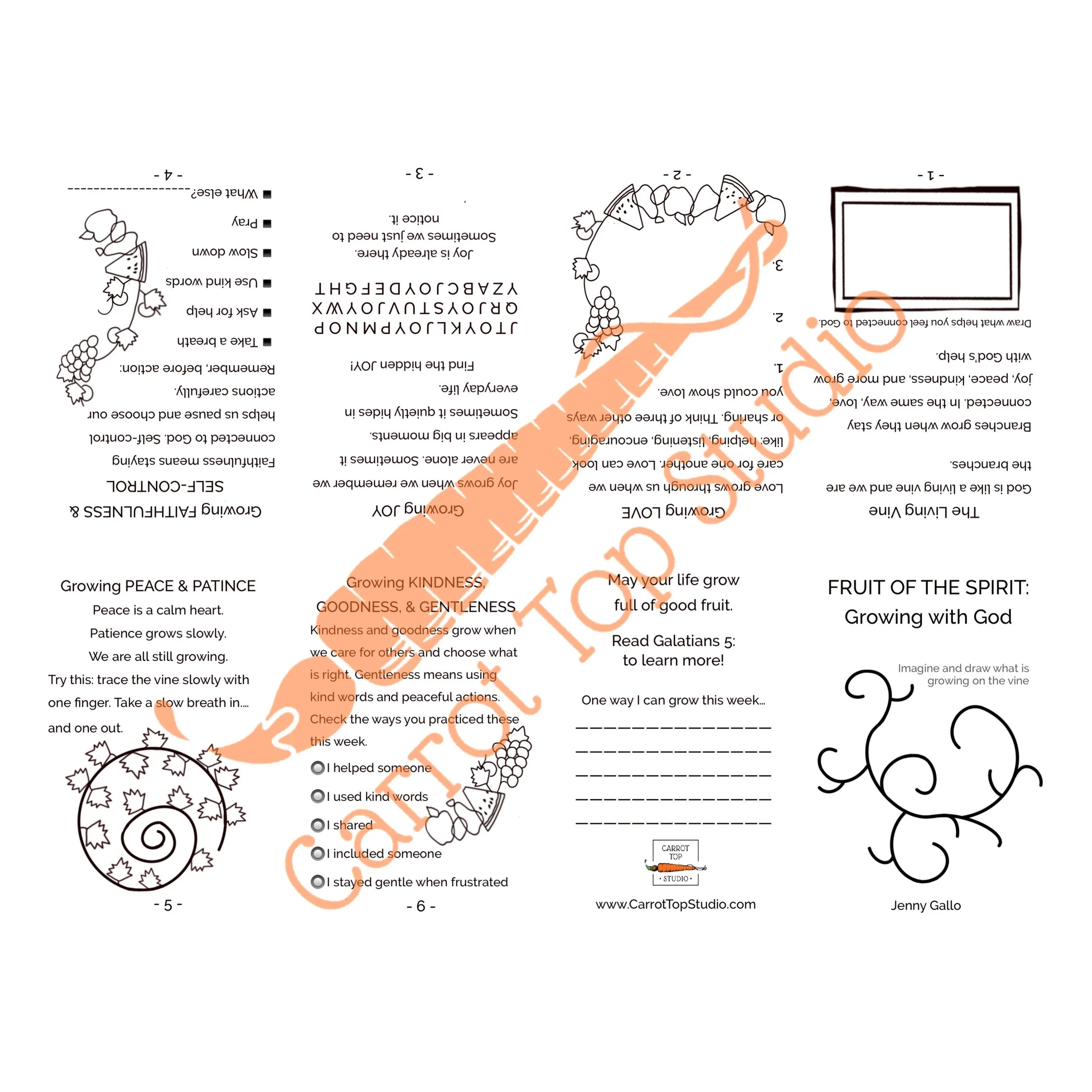 Digital Download of the Fruit of the Spirit Zine by Carrot Top Studio with watermark that does not appear during printing.
