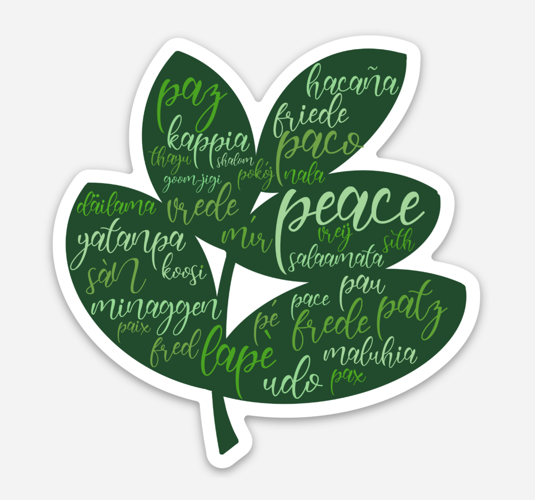 This green leaf die-cut sticker is embellished with the word 'peace' in many languages. It is available at Carrot Top Studio and is suitable for Pentecost and Ordinary Time.