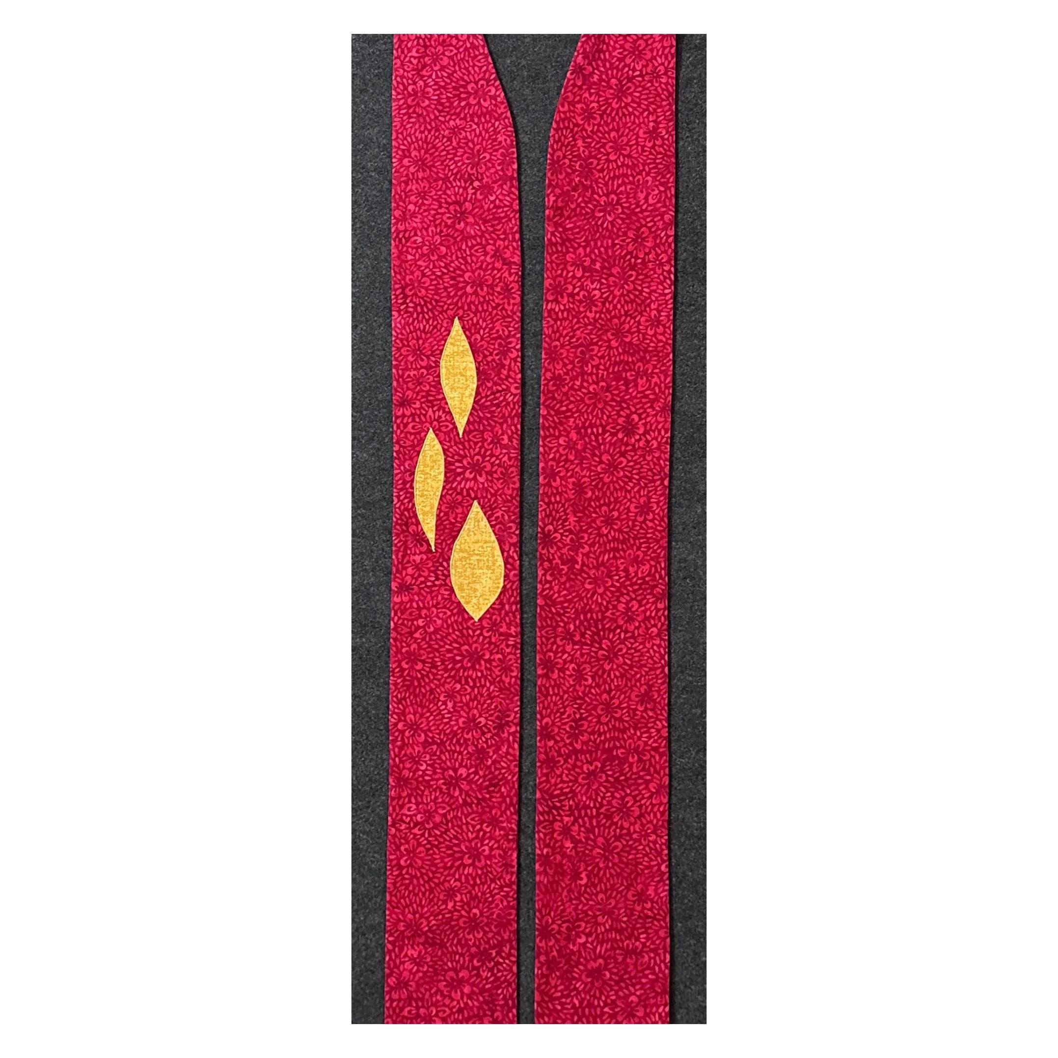 Red Pentecost stole with stylized gold flames, symbolizing the Holy Spirit’s fire and calling. Perfect for Pentecost, ordination, and Spirit-filled worship. - a stole by Carrot Top Studio