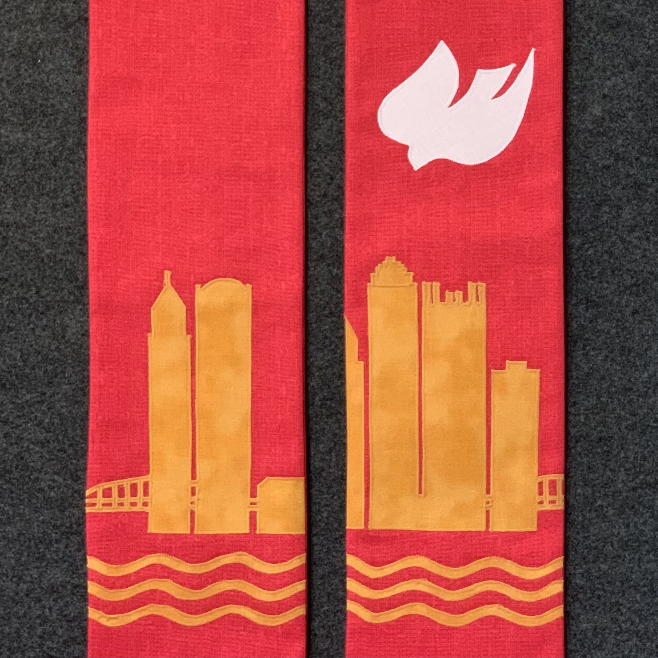 A one of a kind stole for Pittsburgh Presbytery of the PCUSA created as a commission by Carrot Top Studio.