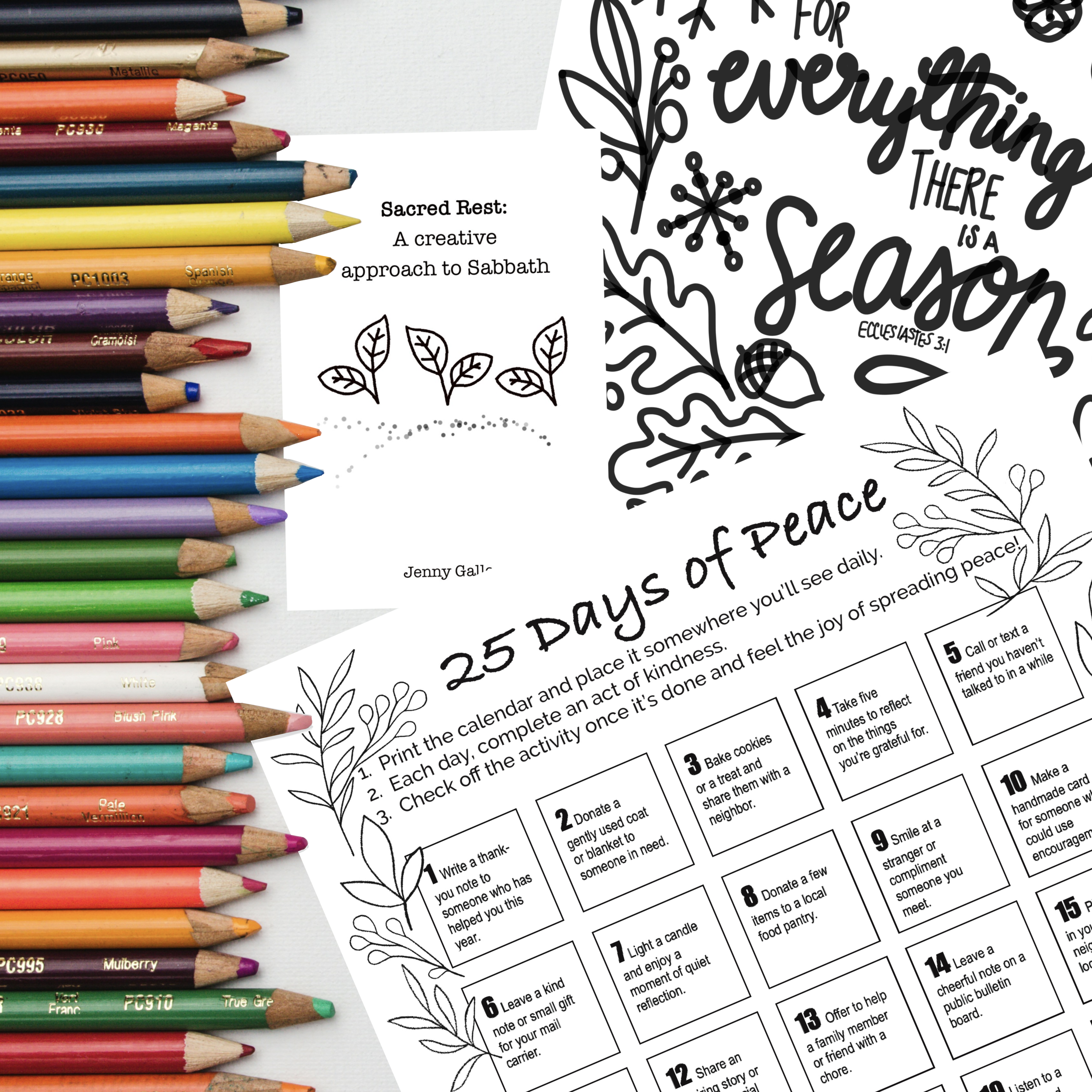 Three examples of digital downloads to print and use for coloring, education, and spiritual direction from Carrot Top Studio.