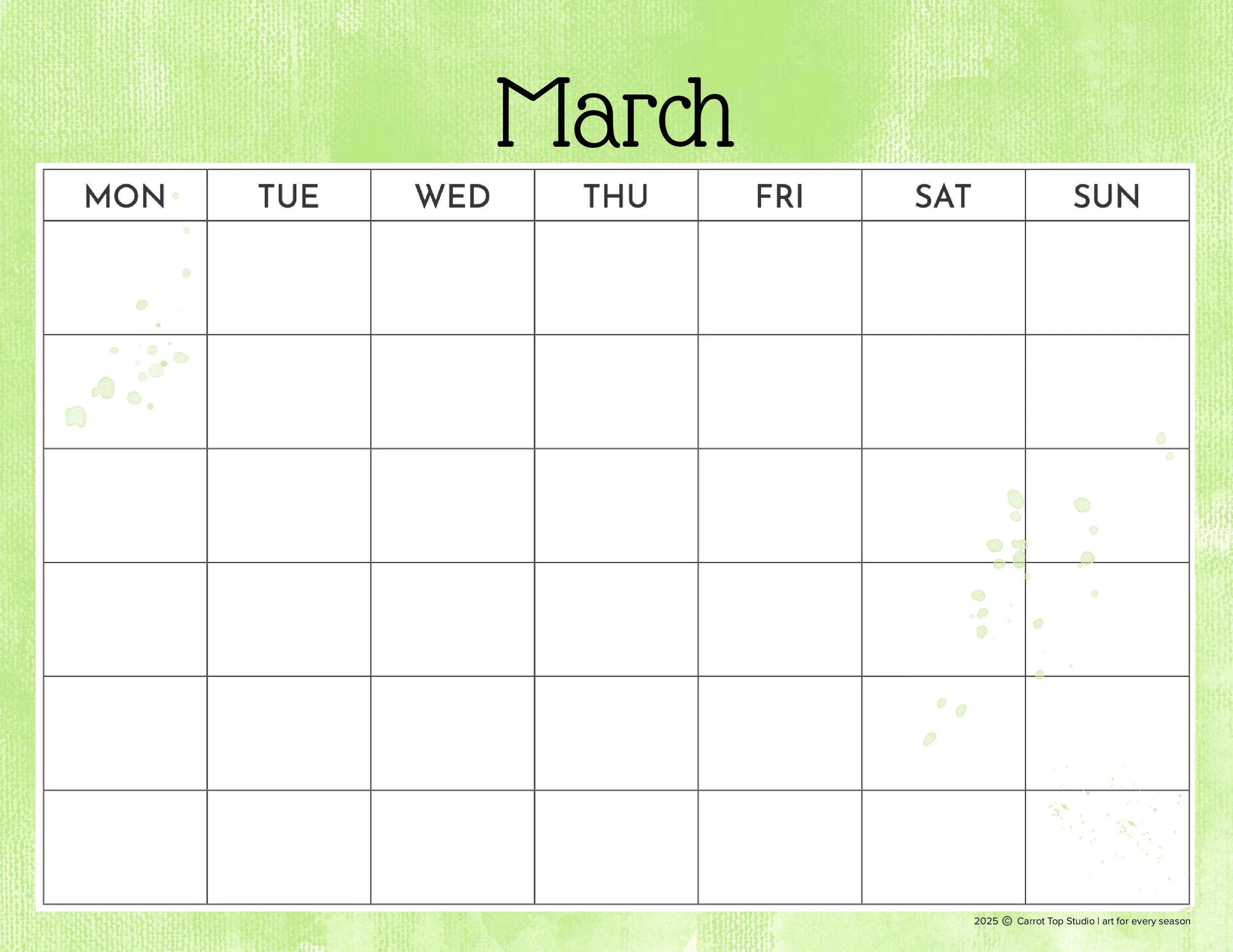 This is an example of a page from the Make a Splash Perpetual Calendar. This is the month of March in a cheerful yellow/green. Each month is a different watercolor background.