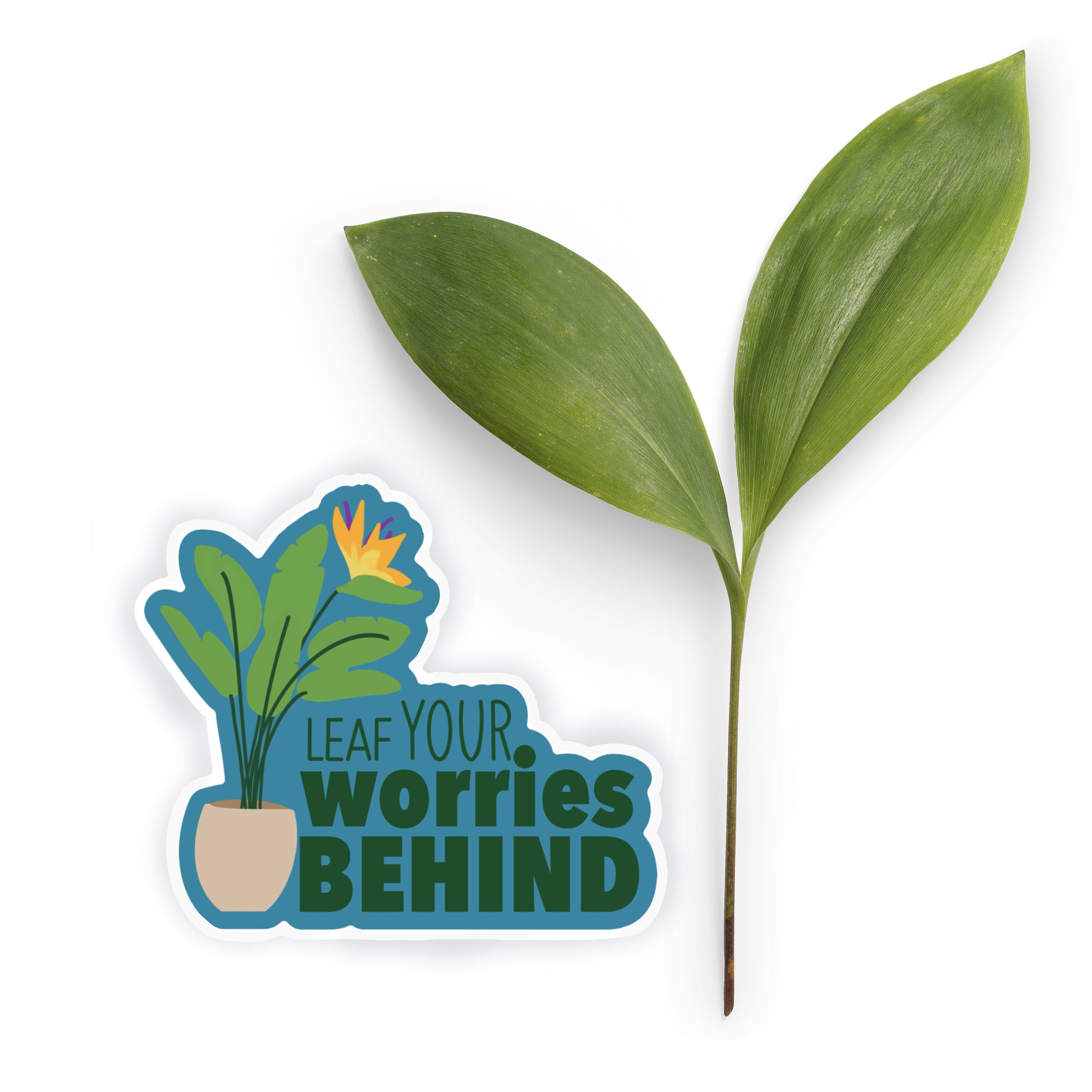 The 'Leaf Your Worries Behind' pun plant sticker from the Carrot Top Studio sticker shop.