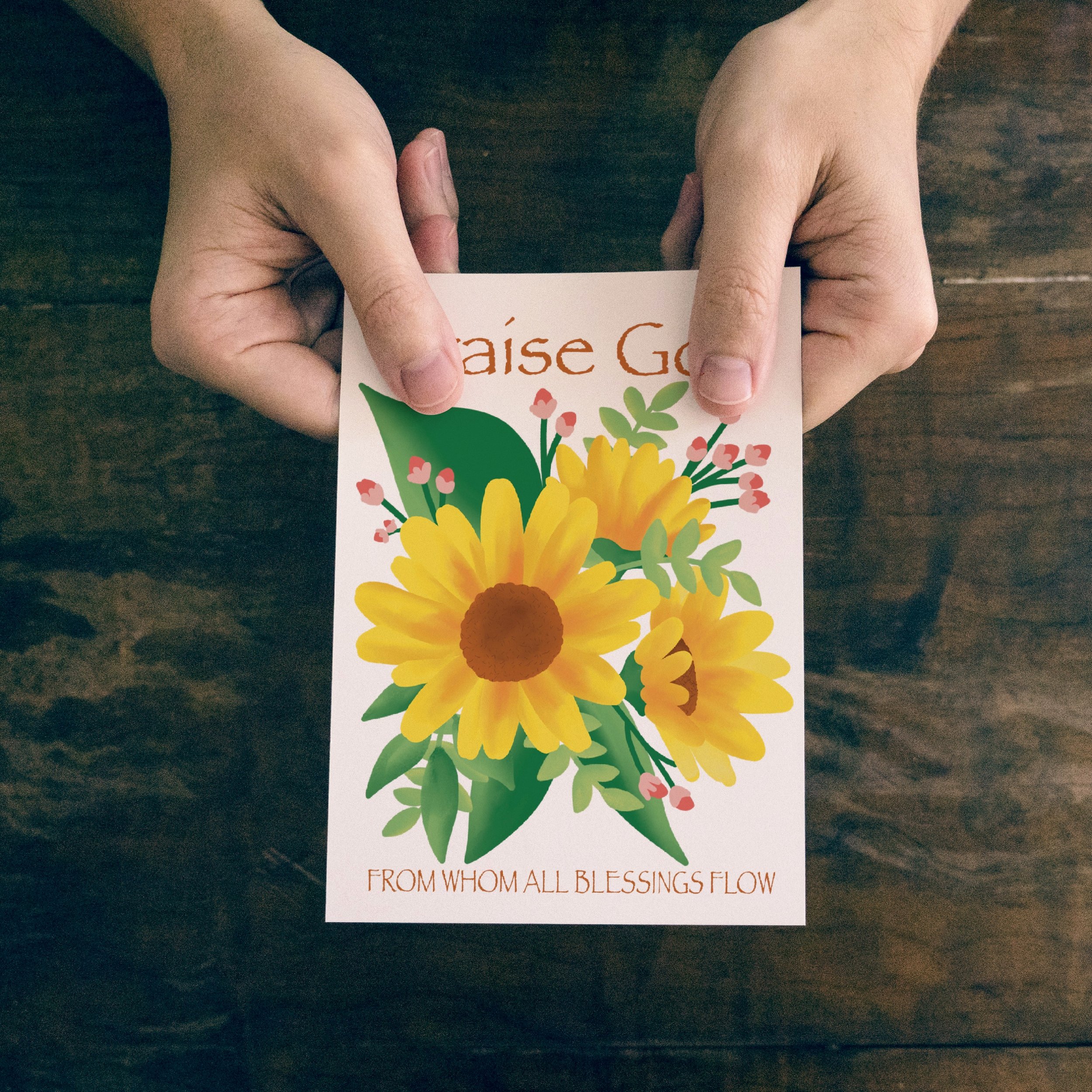 Sunflower note cards honoring the Doxology with all praise going to God are multipurpose with their blank inside and can be found at Carrot Top Studio.