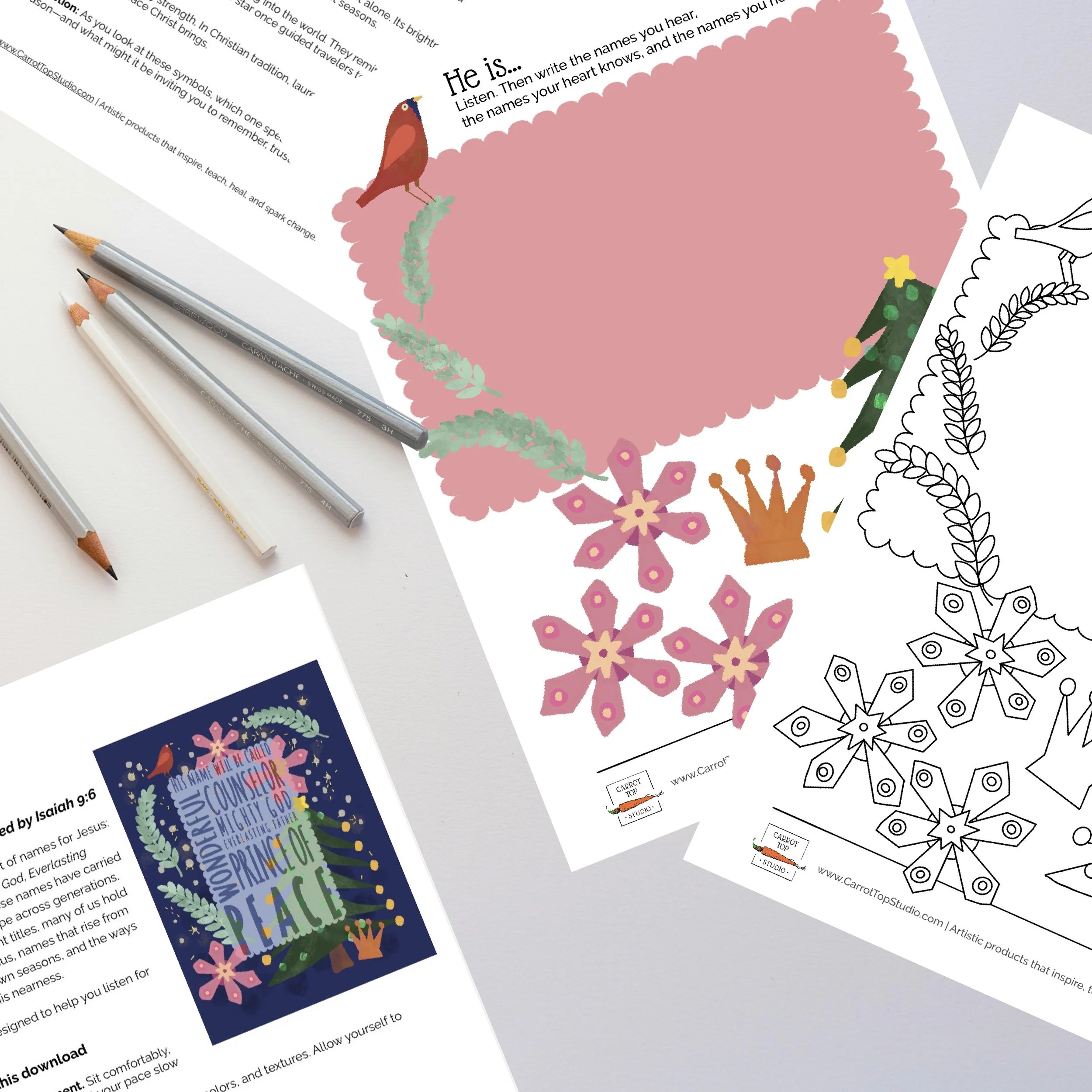 Preview of four-page Isaiah 9:6  ‘He Is…’ devotional download with directions, color artwork, coloring page, and symbolism guide.