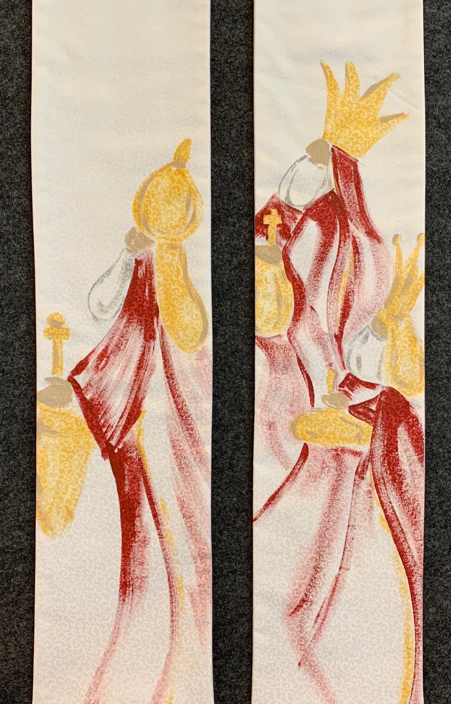 The three kings (magi) handpainted by Jenny Gallo of Carrot Top Studio on a stole for Epiphany.