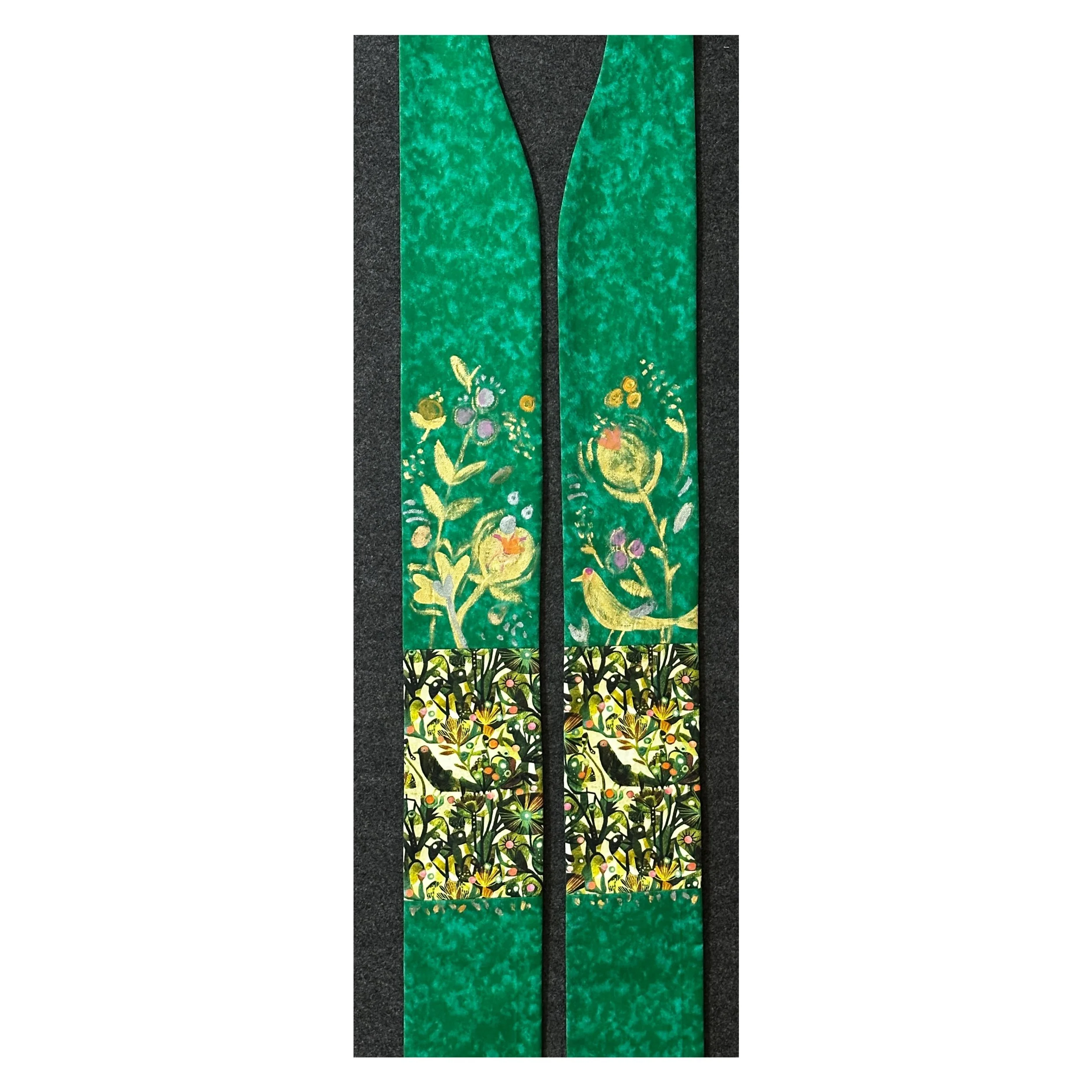 A green stole with a creation theme for Ordinary Time by Carrot Top Studio with handprinted details.