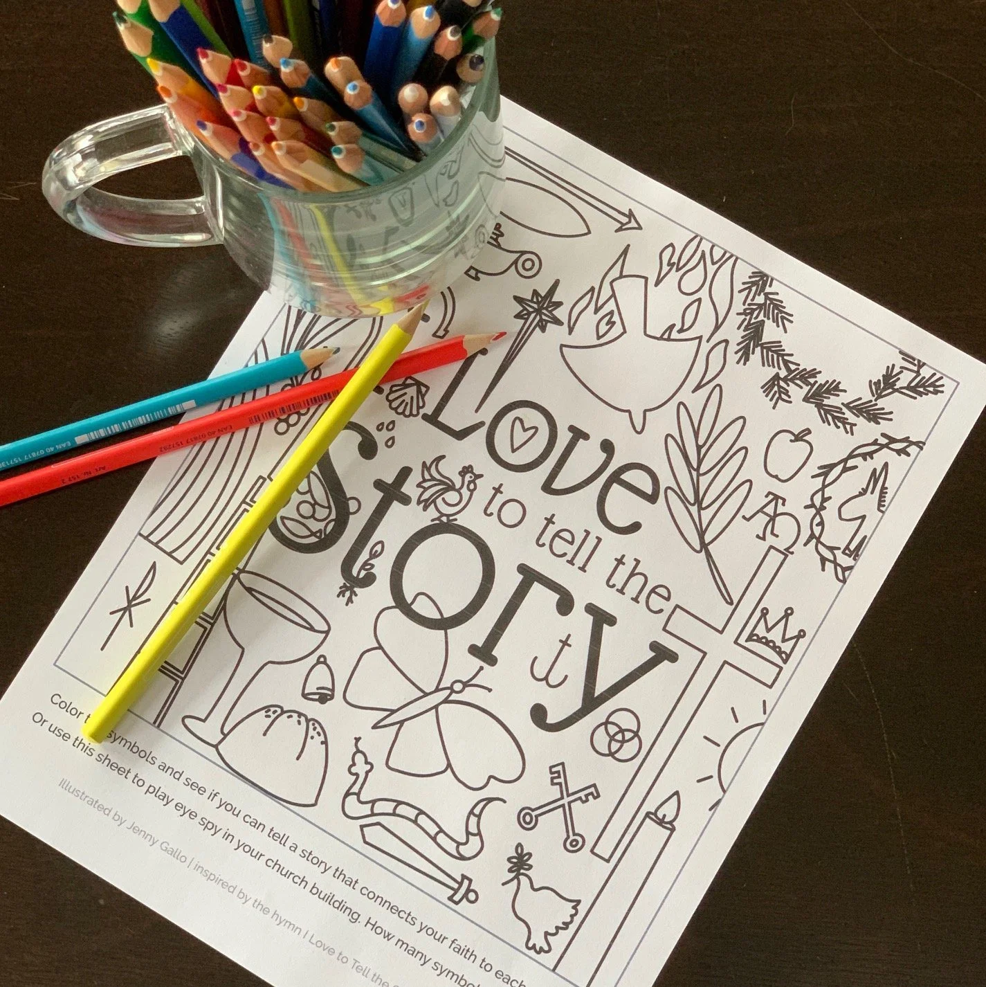 This coloring page by Carrot Top Studio is the vehicle for meditative coloring and the entry point for christian symbol conversations