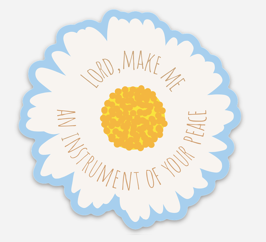 Lord, make me an instrument of your peace - sticker with white flower and light blue background by Carrot Top Studio