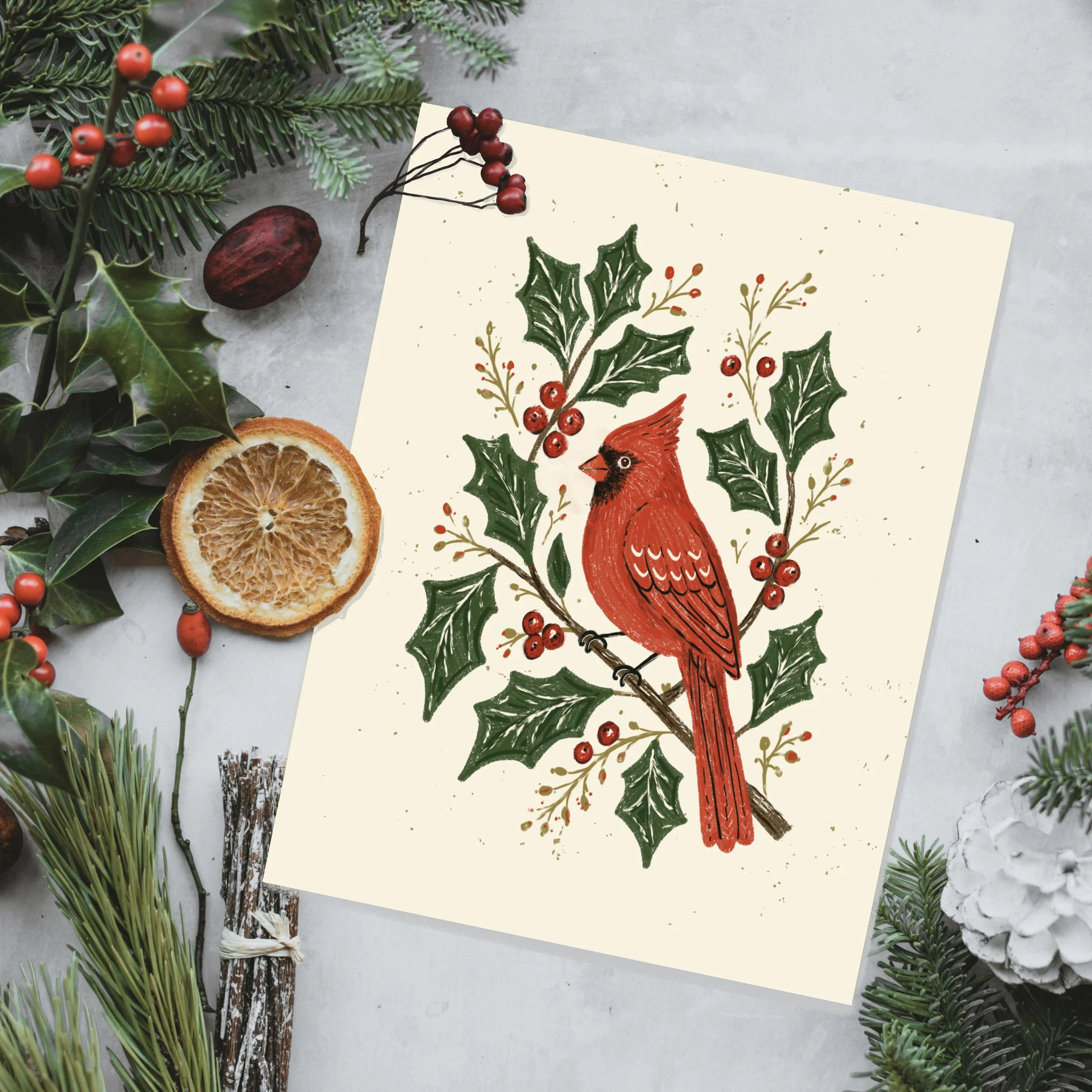 Cardinal and holly folk art style Christmas card surrounded by winter greens.