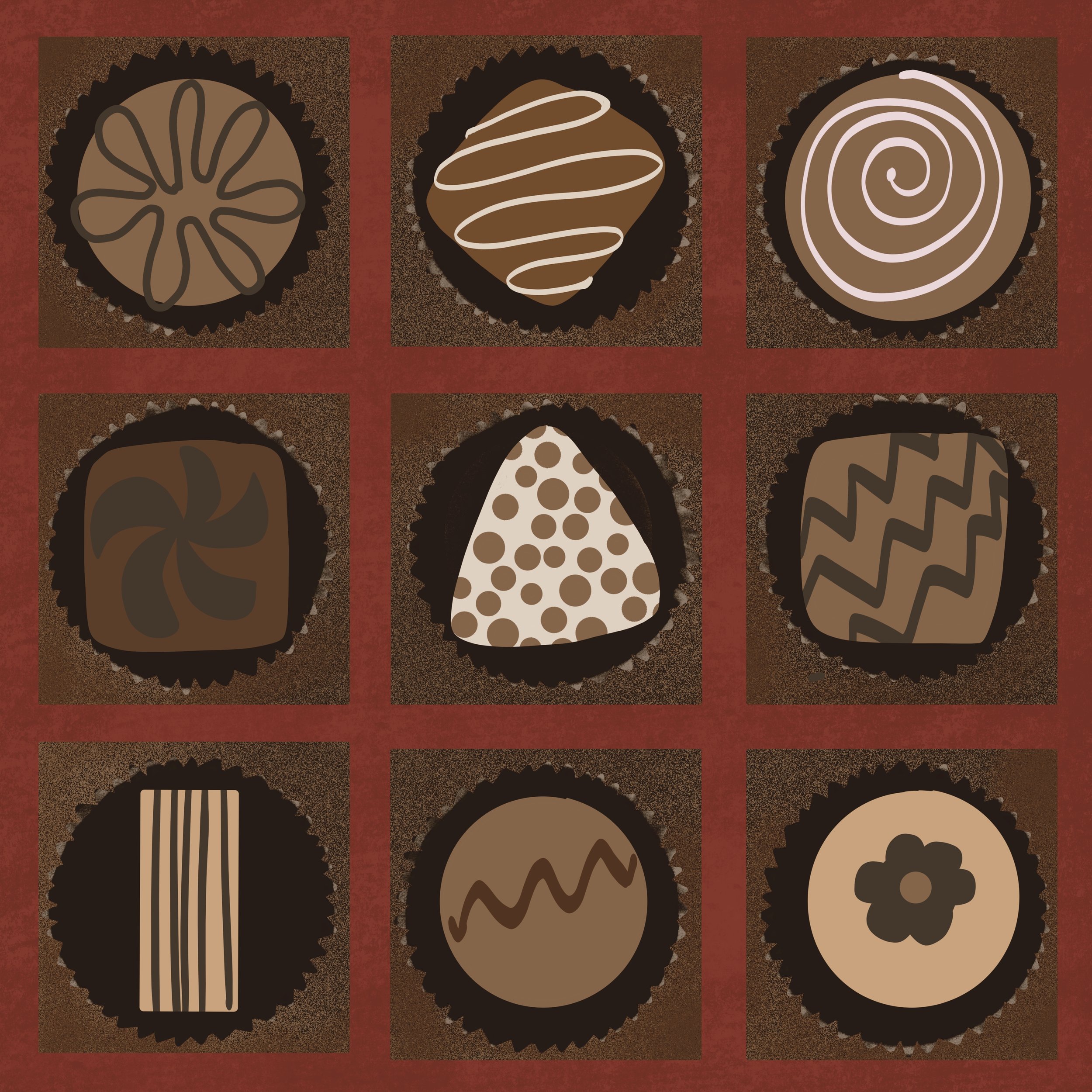A box of chocolates created in a flat graphic art style by Jenny Gallo. It is available to license at Carrot Top Studio.