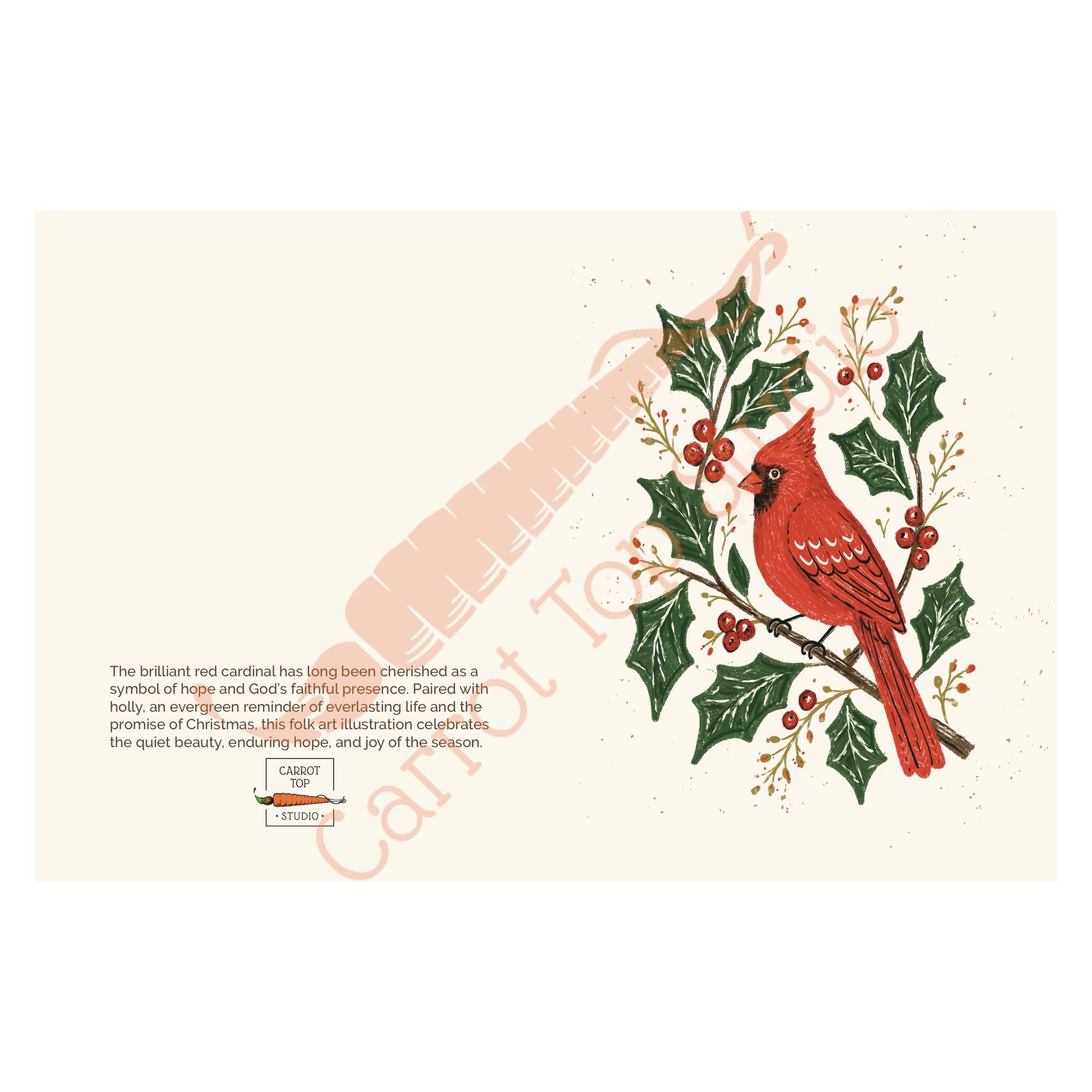The cardinal and holly Christmas card by Carrot Top Studio shown with watermark.