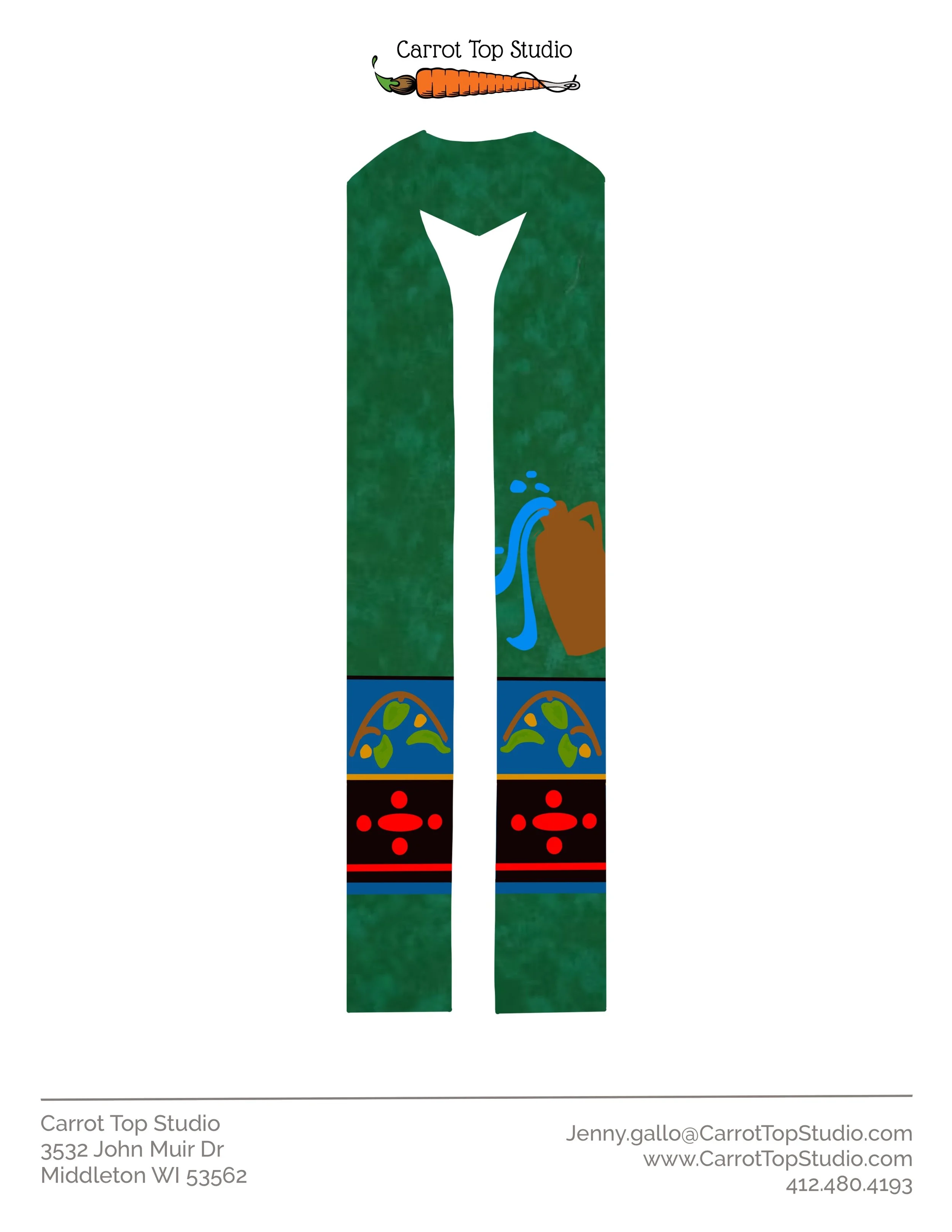 A digital sketch of a stole proposal for a worship leader by Carrot Top Studio.