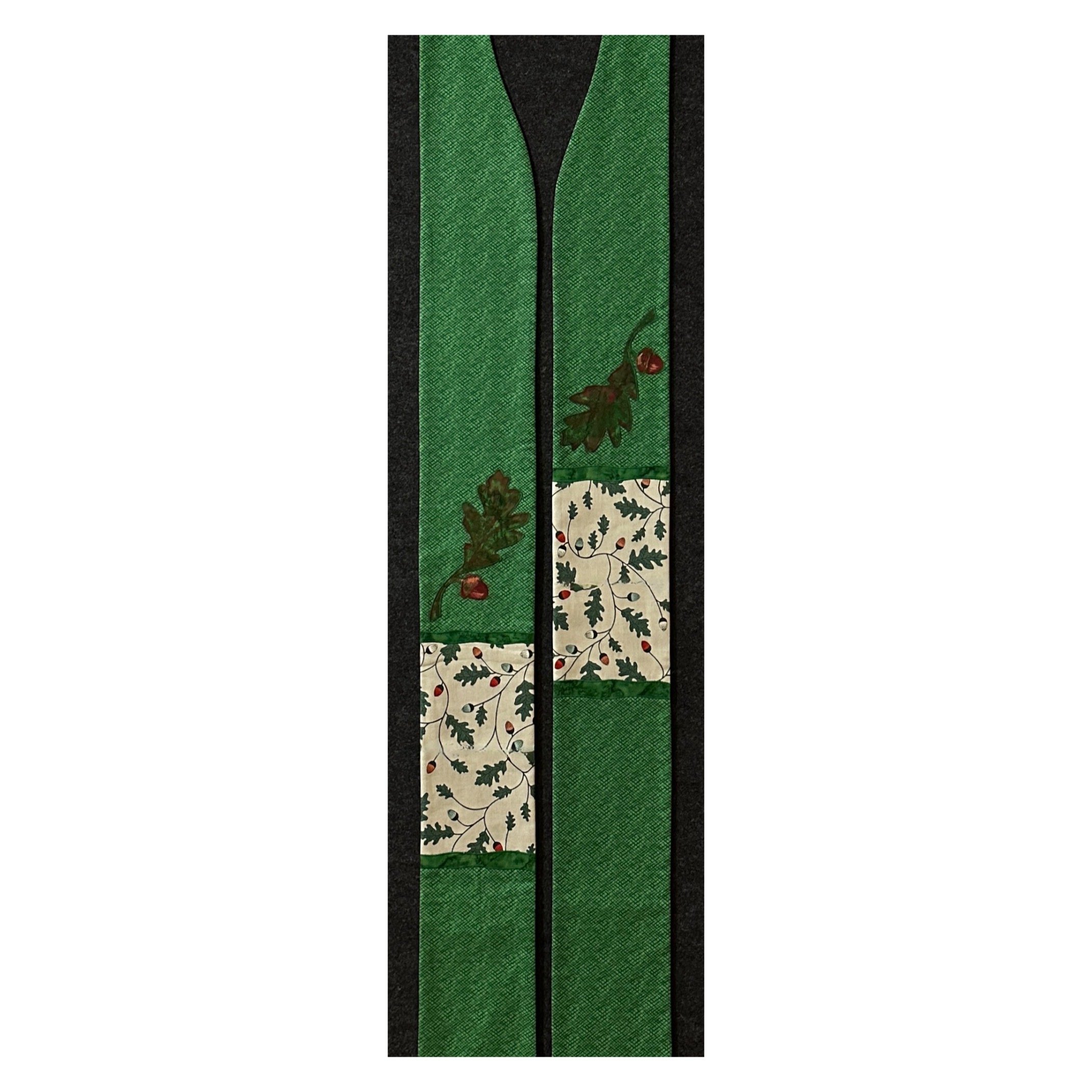 A green Ordinary Time stole with fall acorn border and hand painted oak leaves.