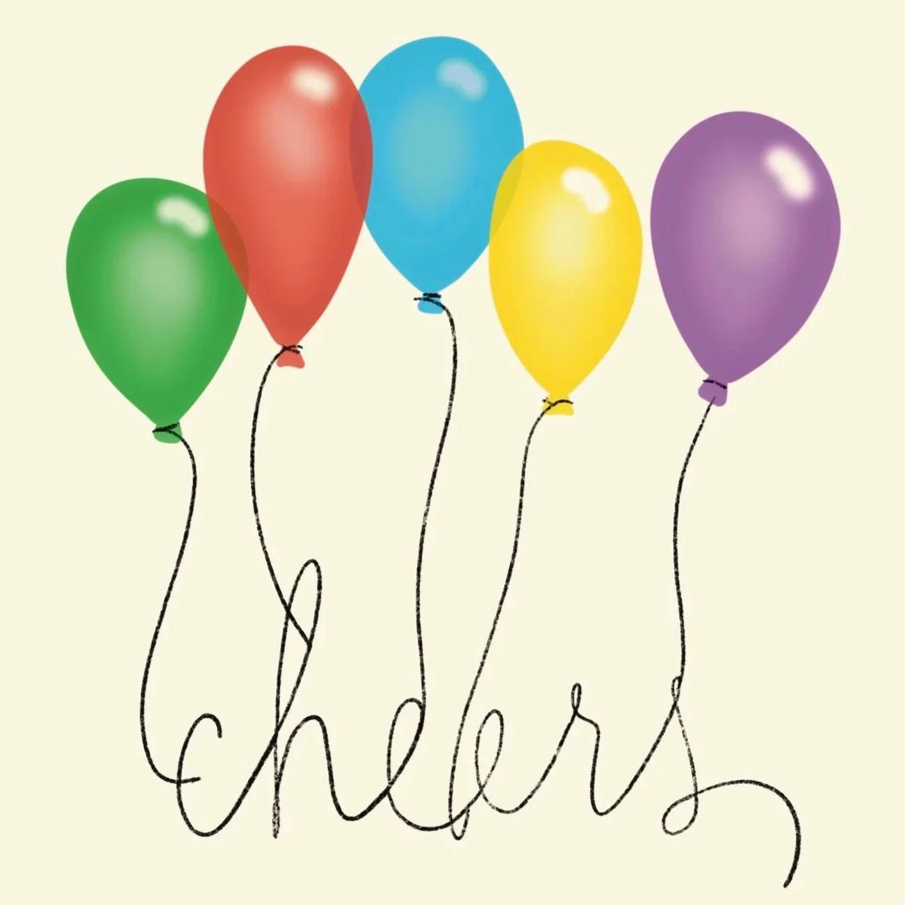 detail of teh cheers card design by Jenny Gallo of Carrot Top Studio with bright colored balloons