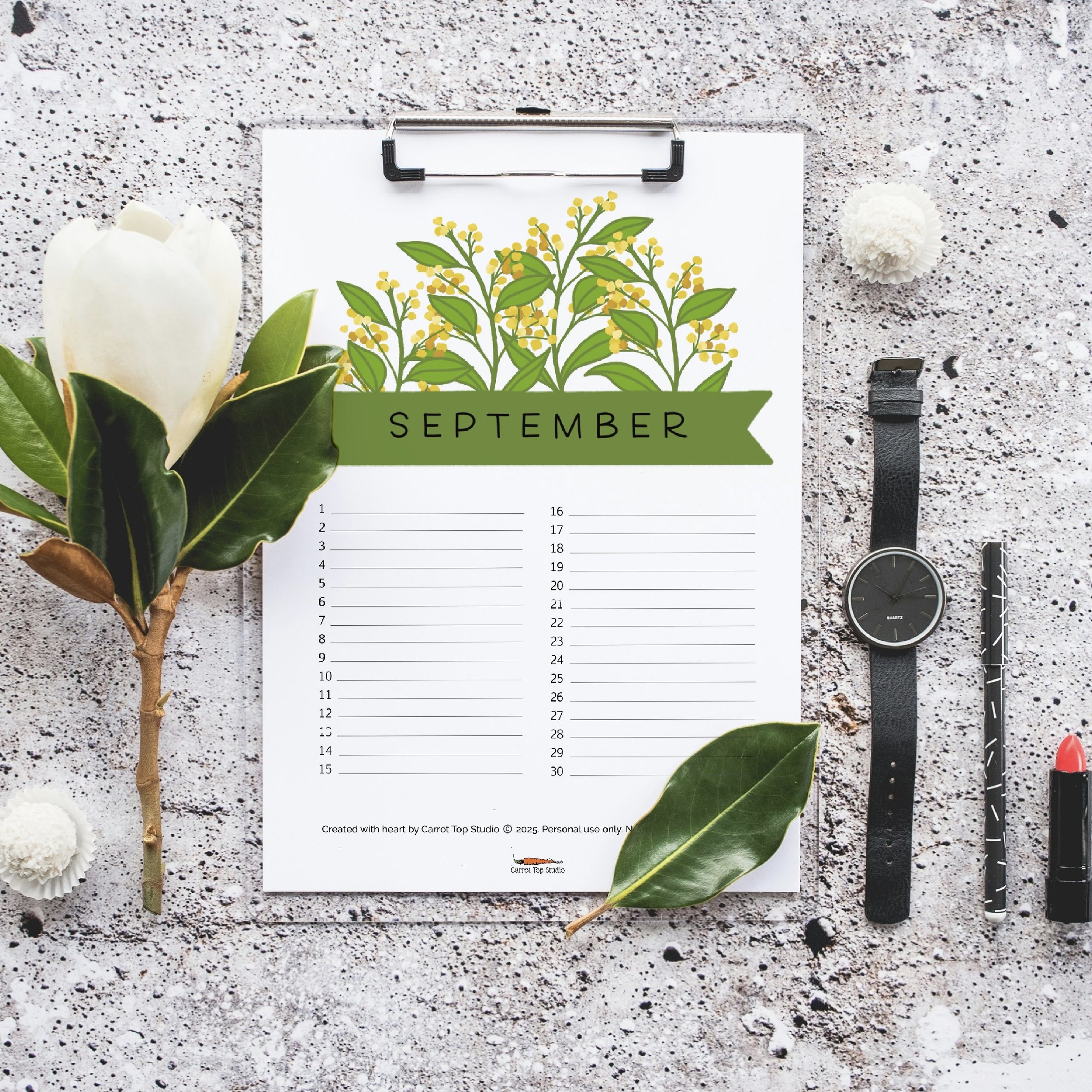 This perpetual evergreen calendar is perfect for annual anniversaries, birthdays and monumental celebrations and is purchased as a download from Carrot Top Studio. It is decorated with different seasonal flowers on each page.